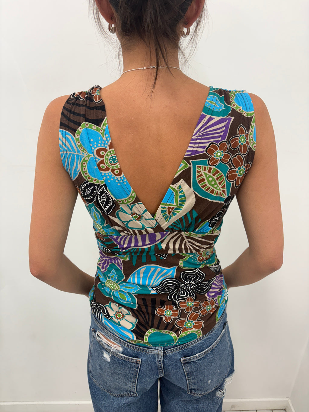Brown Blue Floral Zebra Print Wrap Top