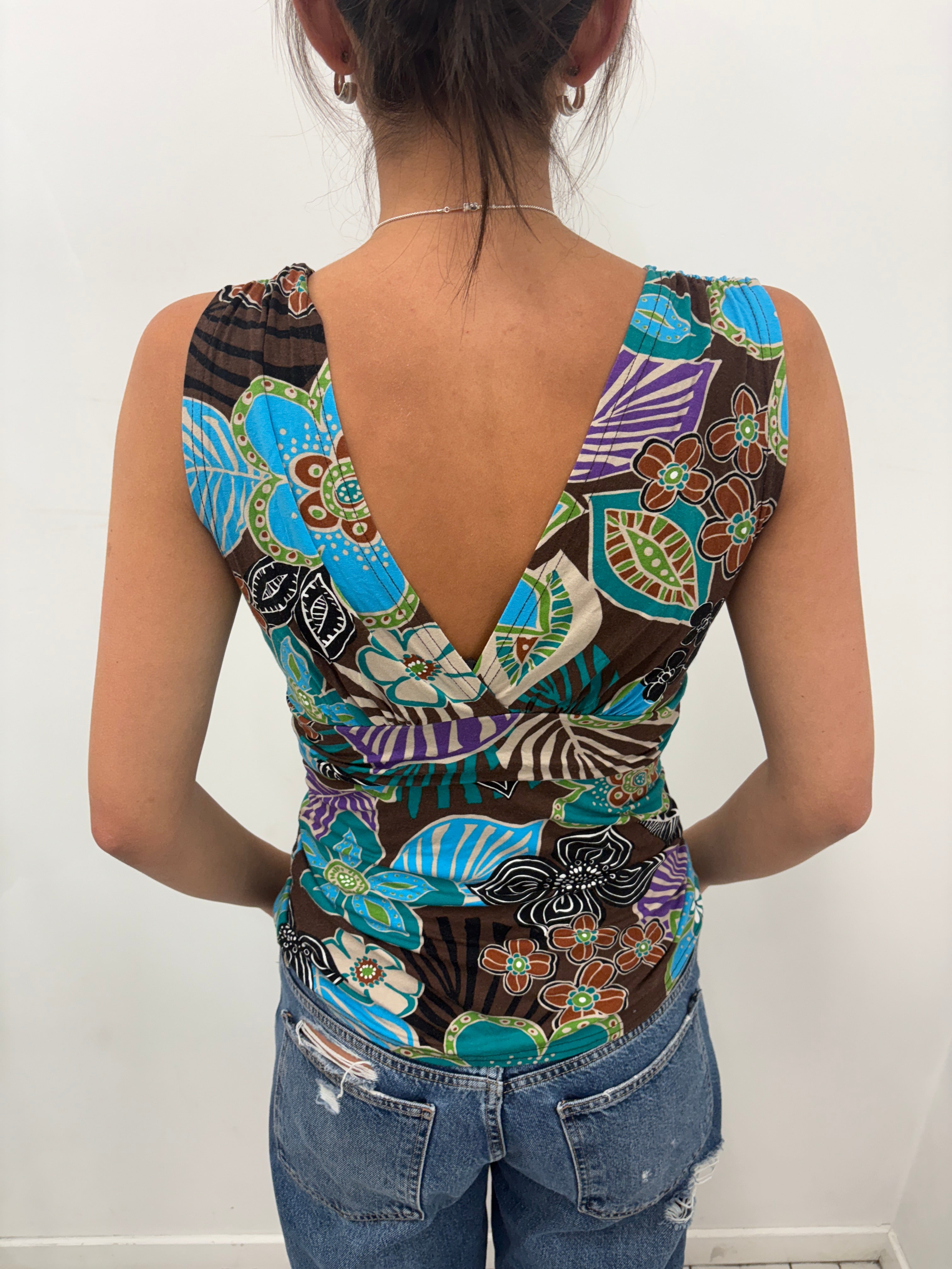 Brown Blue Floral Zebra Print Wrap Top