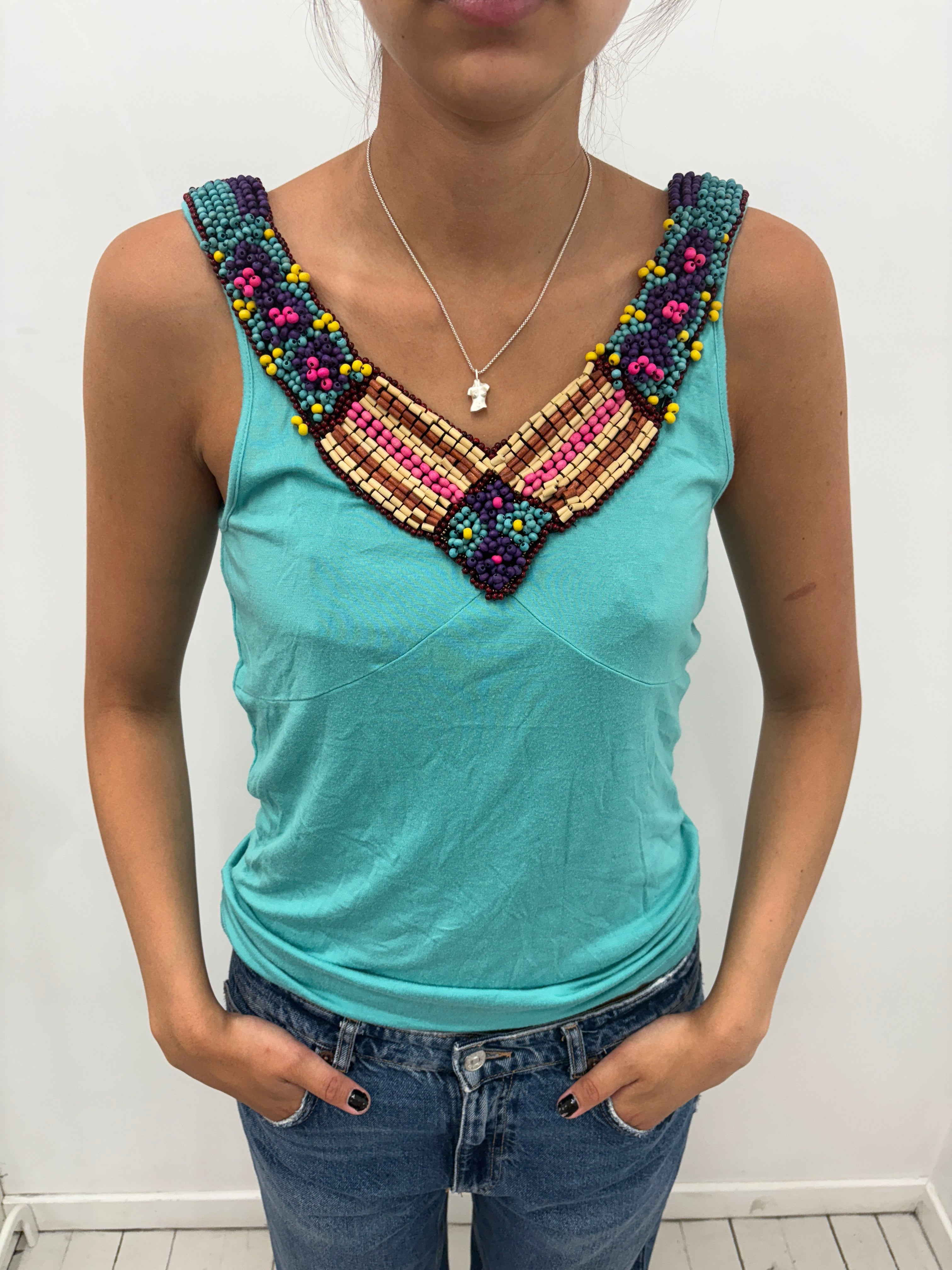 Turquoise Beaded V-Neck Boho Tank Top