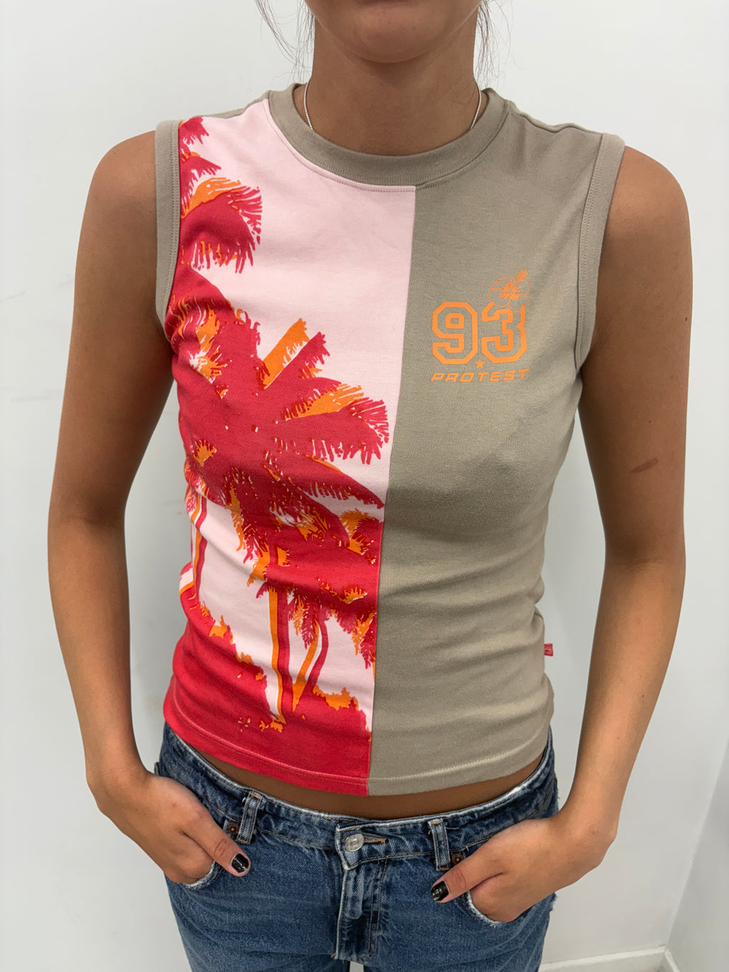 Beige Pink Palm Tree 93 Protest Colorblock Tank