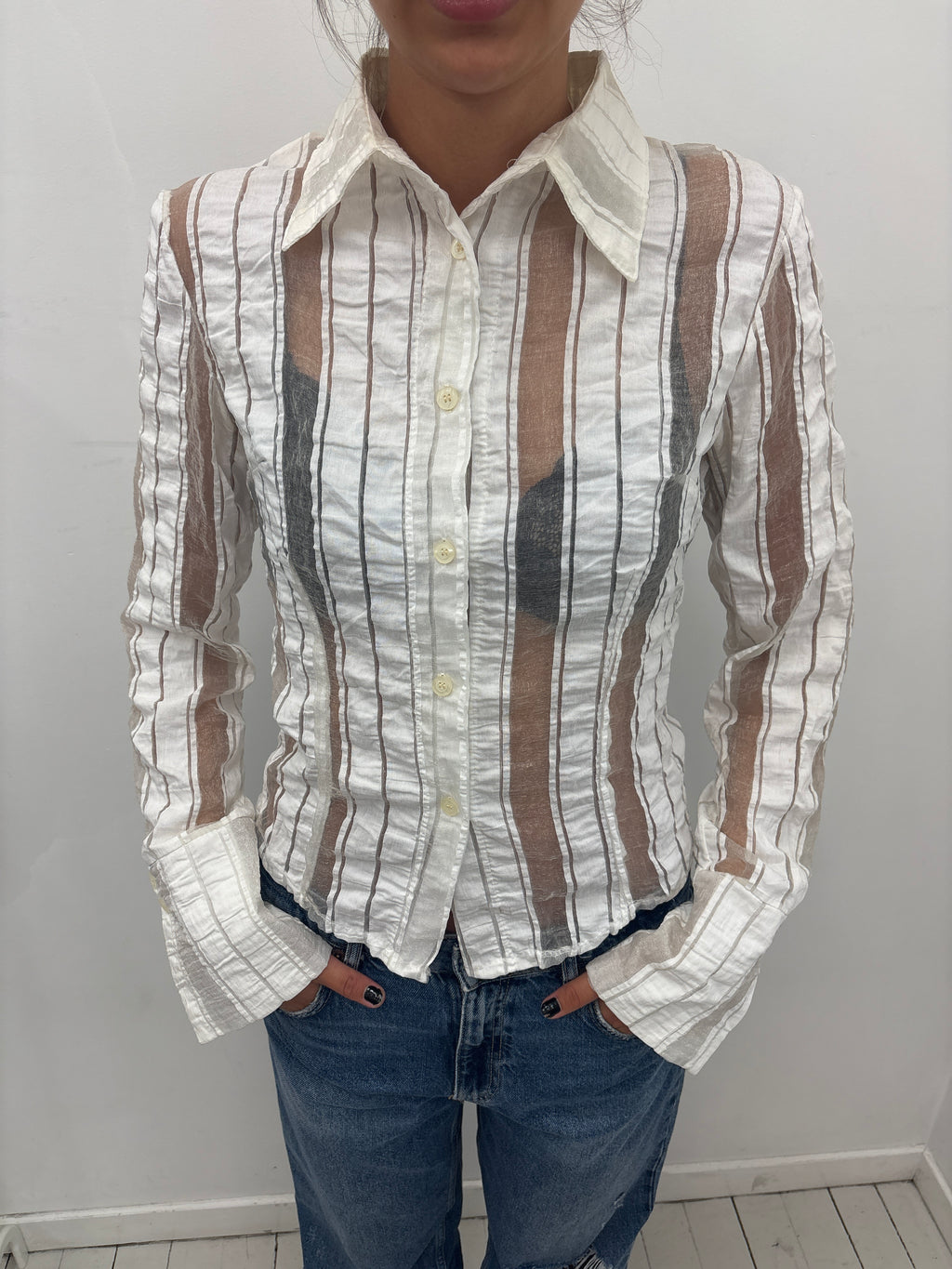 White Sheer Striped Button-Up Shirt Long Sleeve