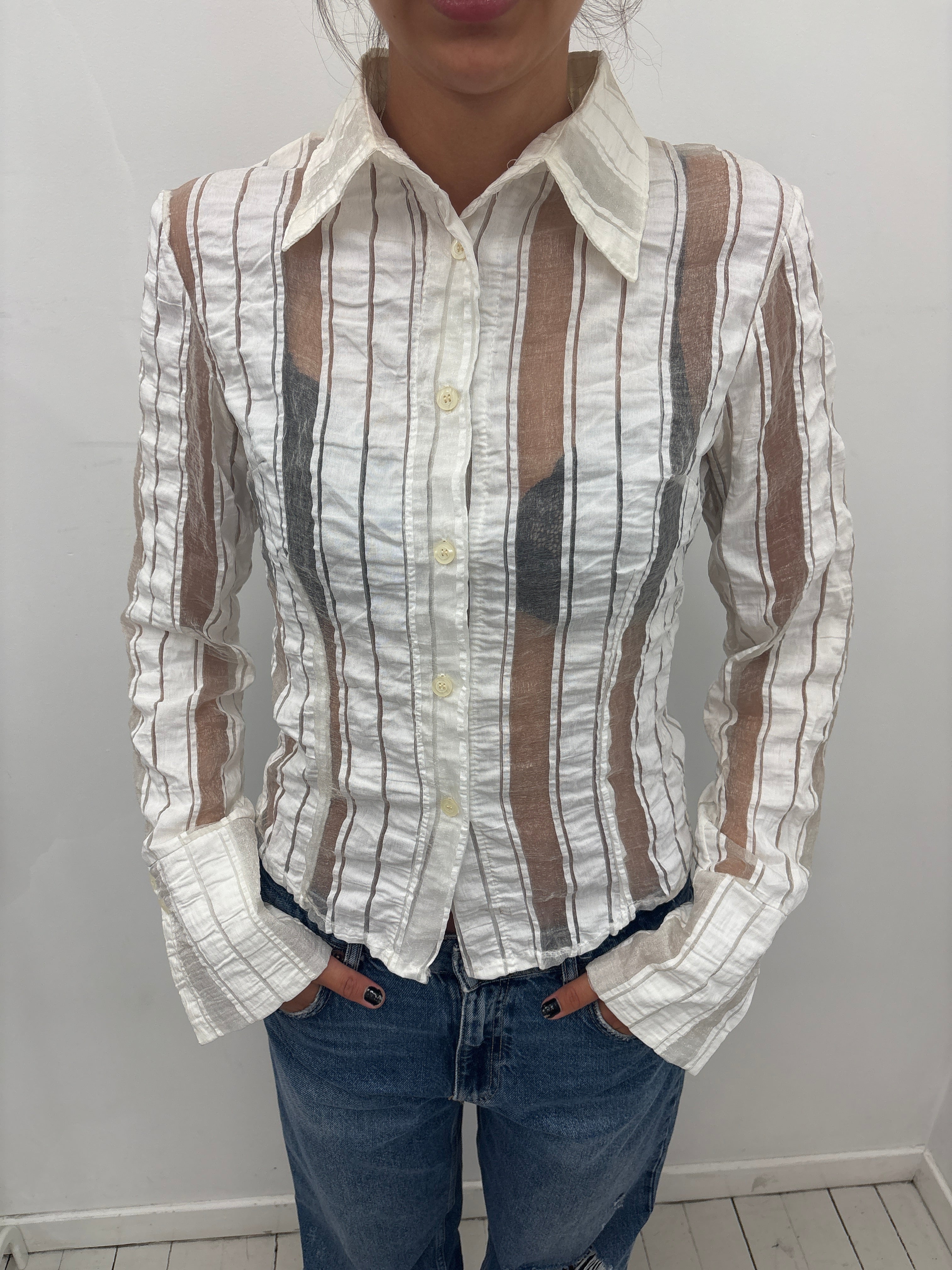 White Sheer Striped Button-Up Shirt Long Sleeve