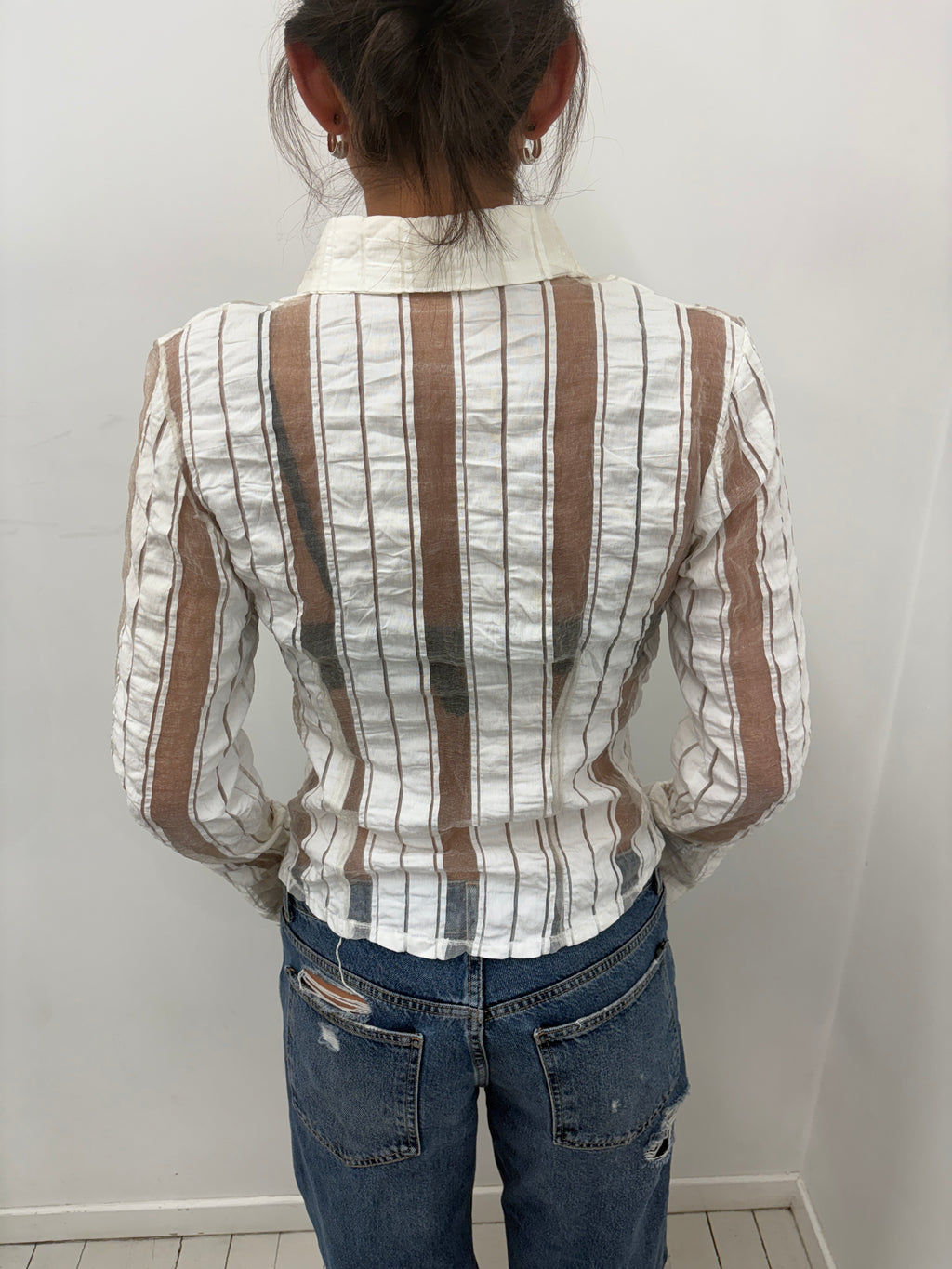White Sheer Striped Button-Up Shirt Long Sleeve