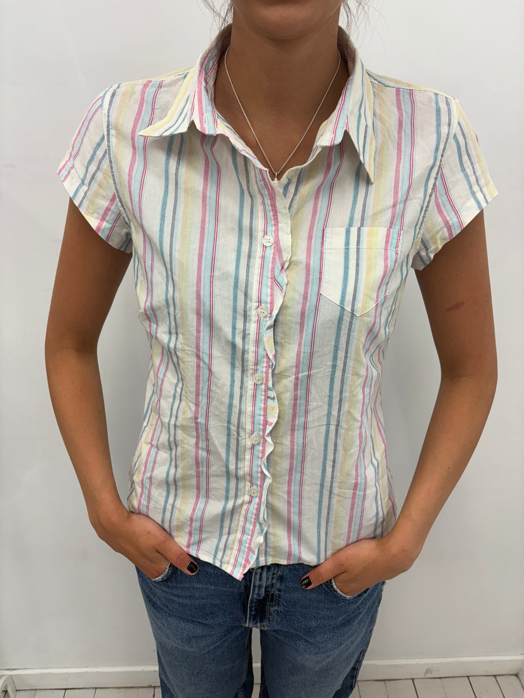 Pastel Striped Button-Up Shirt Short Sleeve Pocket