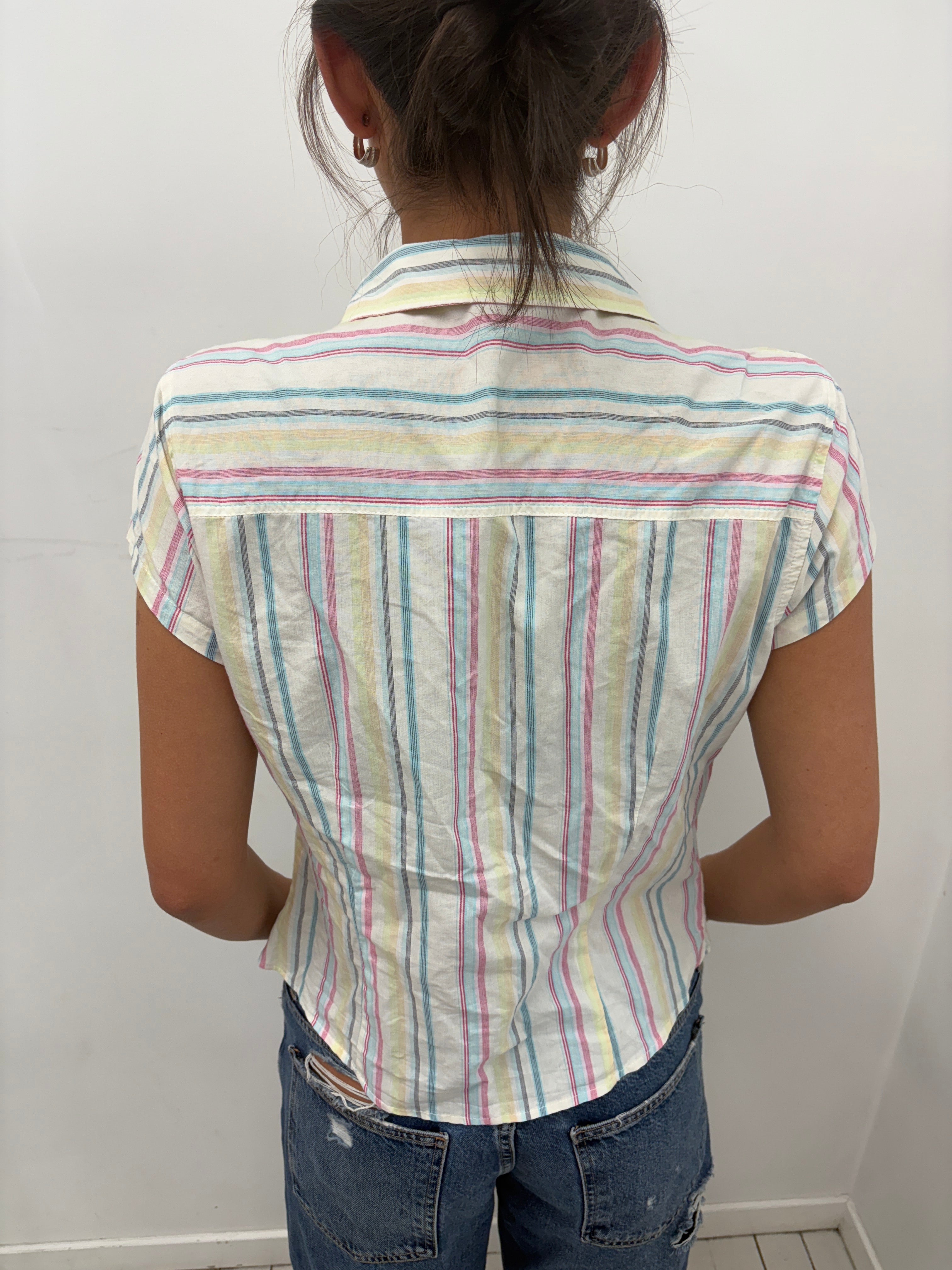Pastel Striped Button-Up Shirt Short Sleeve Pocket