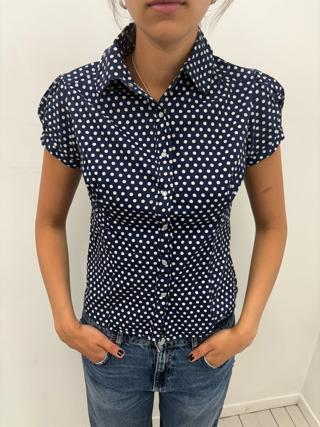 Navy Polka Dot Fitted Shirt Short Sleeve