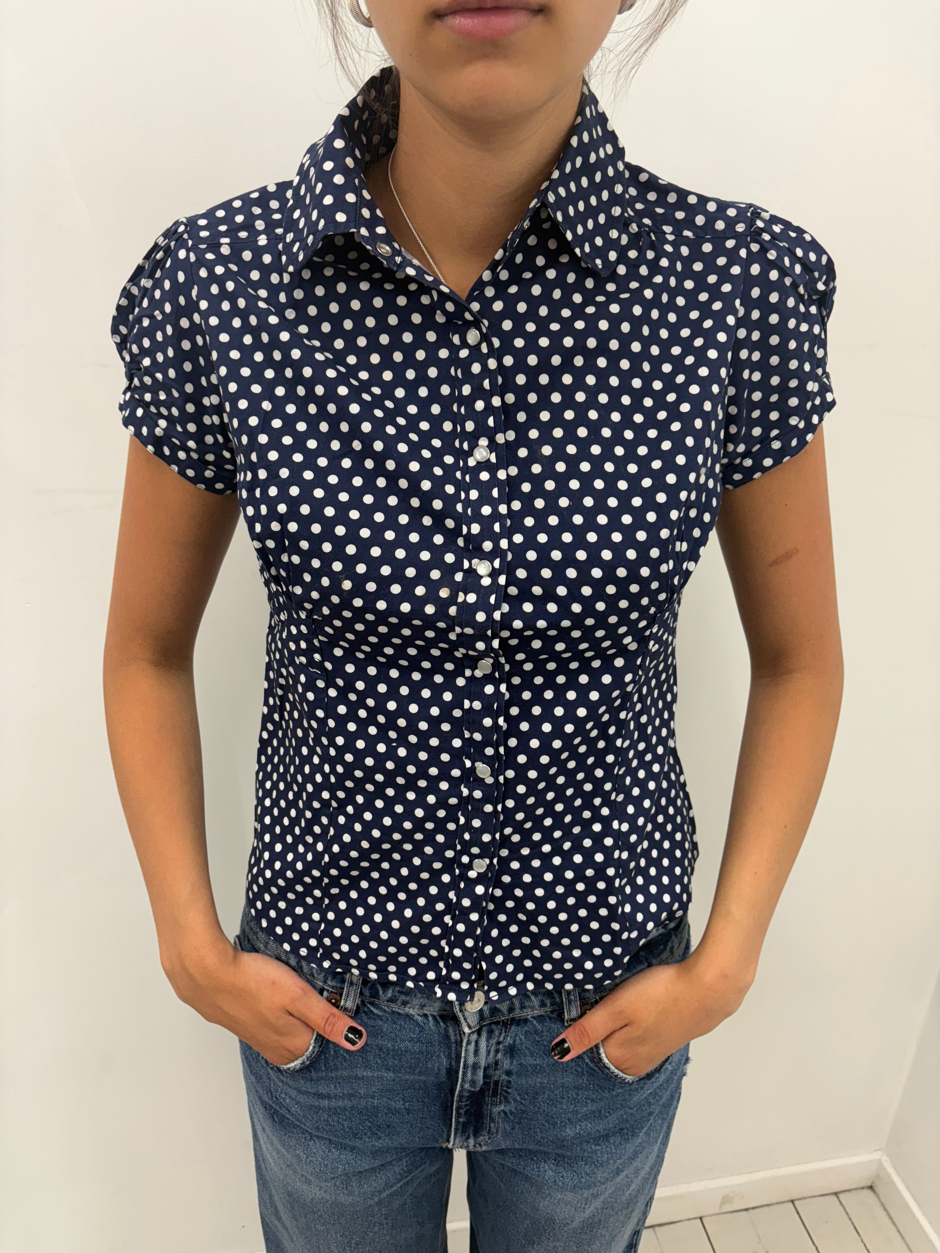 Navy Polka Dot Fitted Shirt Short Sleeve