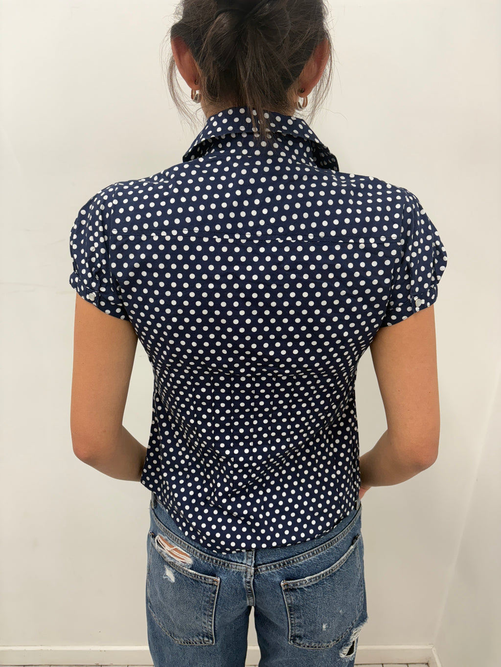 Navy Polka Dot Fitted Shirt Short Sleeve