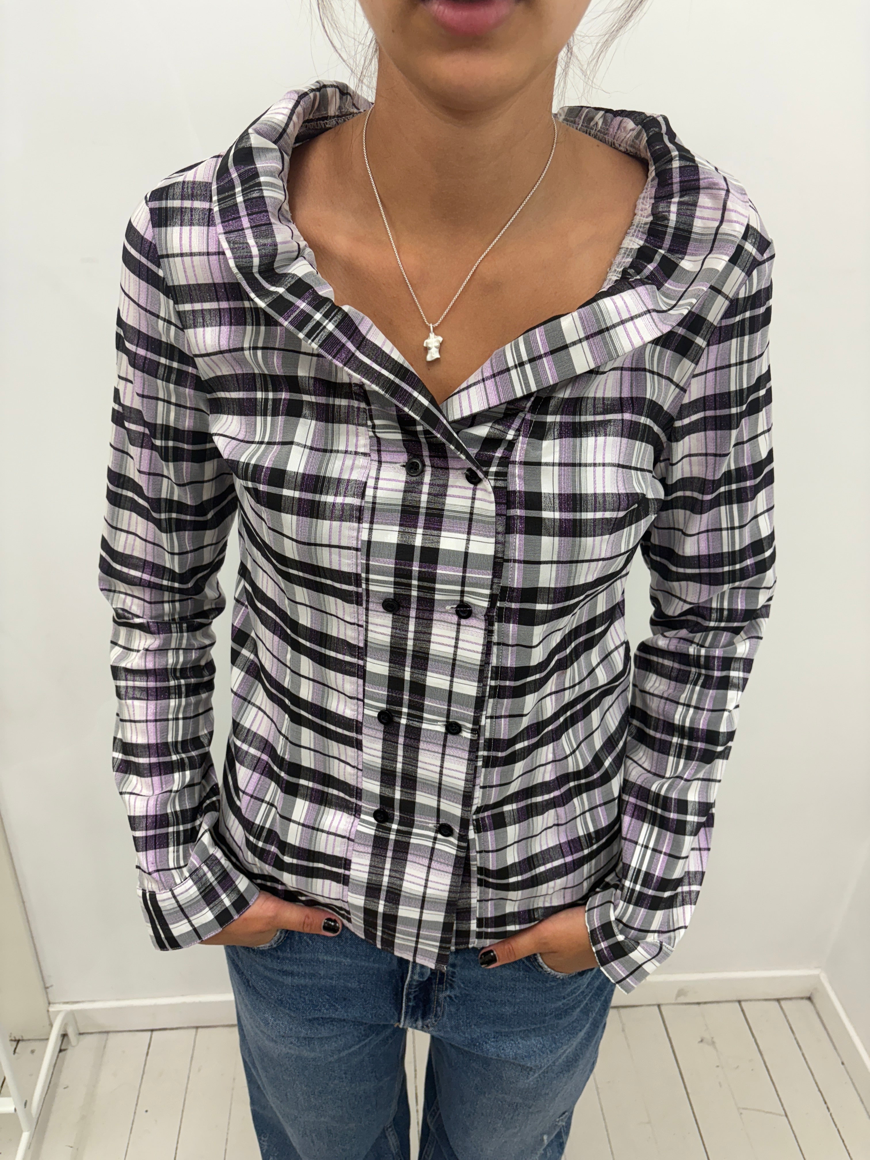 Purple Black Plaid Double-Breasted Shirt Long Sleeve