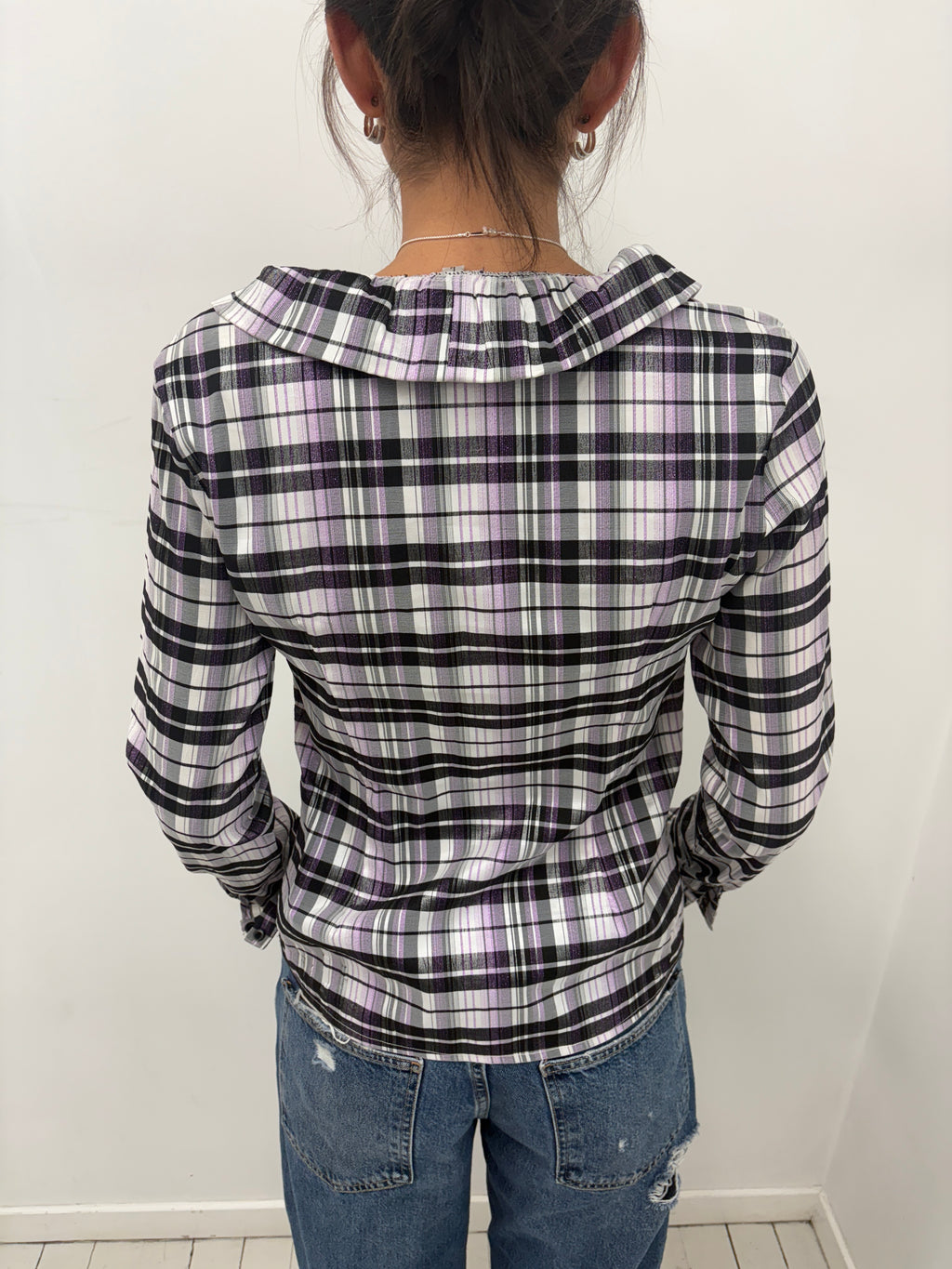 Purple Black Plaid Double-Breasted Shirt Long Sleeve