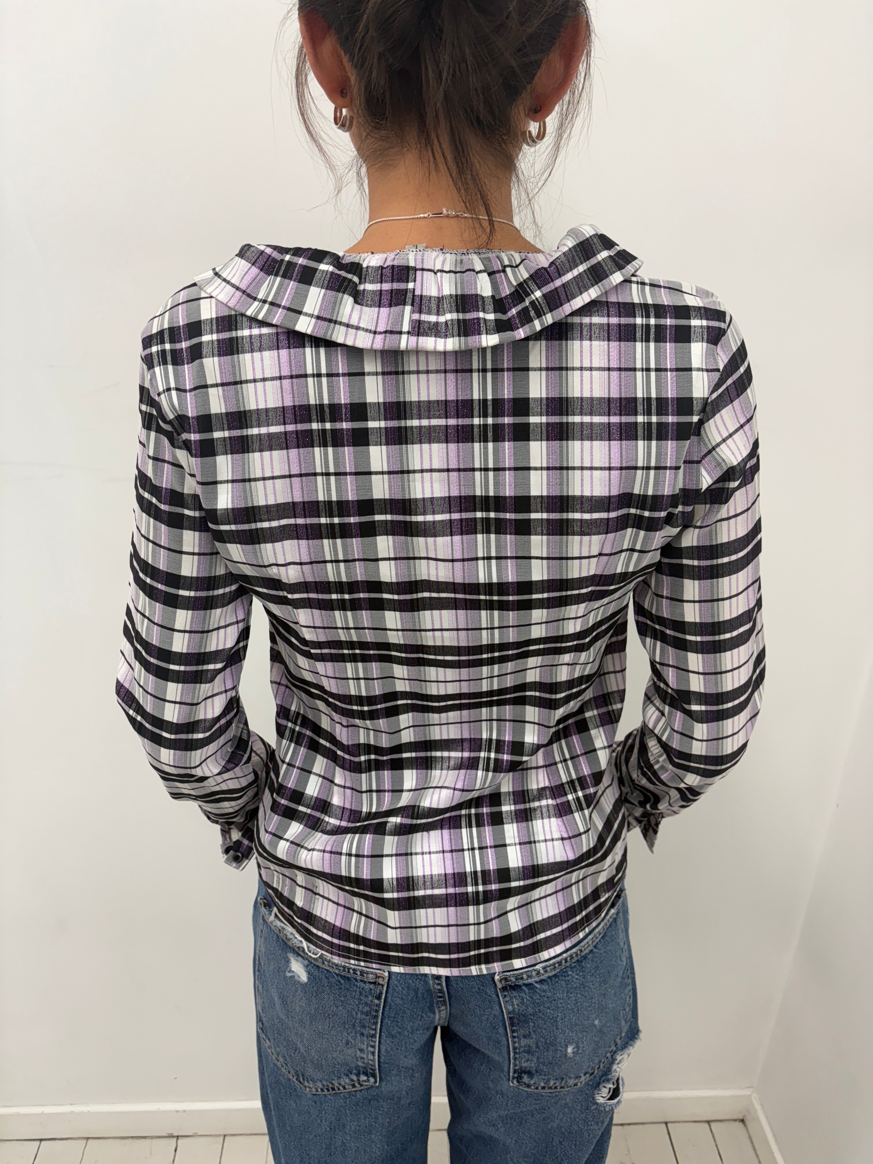 Purple Black Plaid Double-Breasted Shirt Long Sleeve