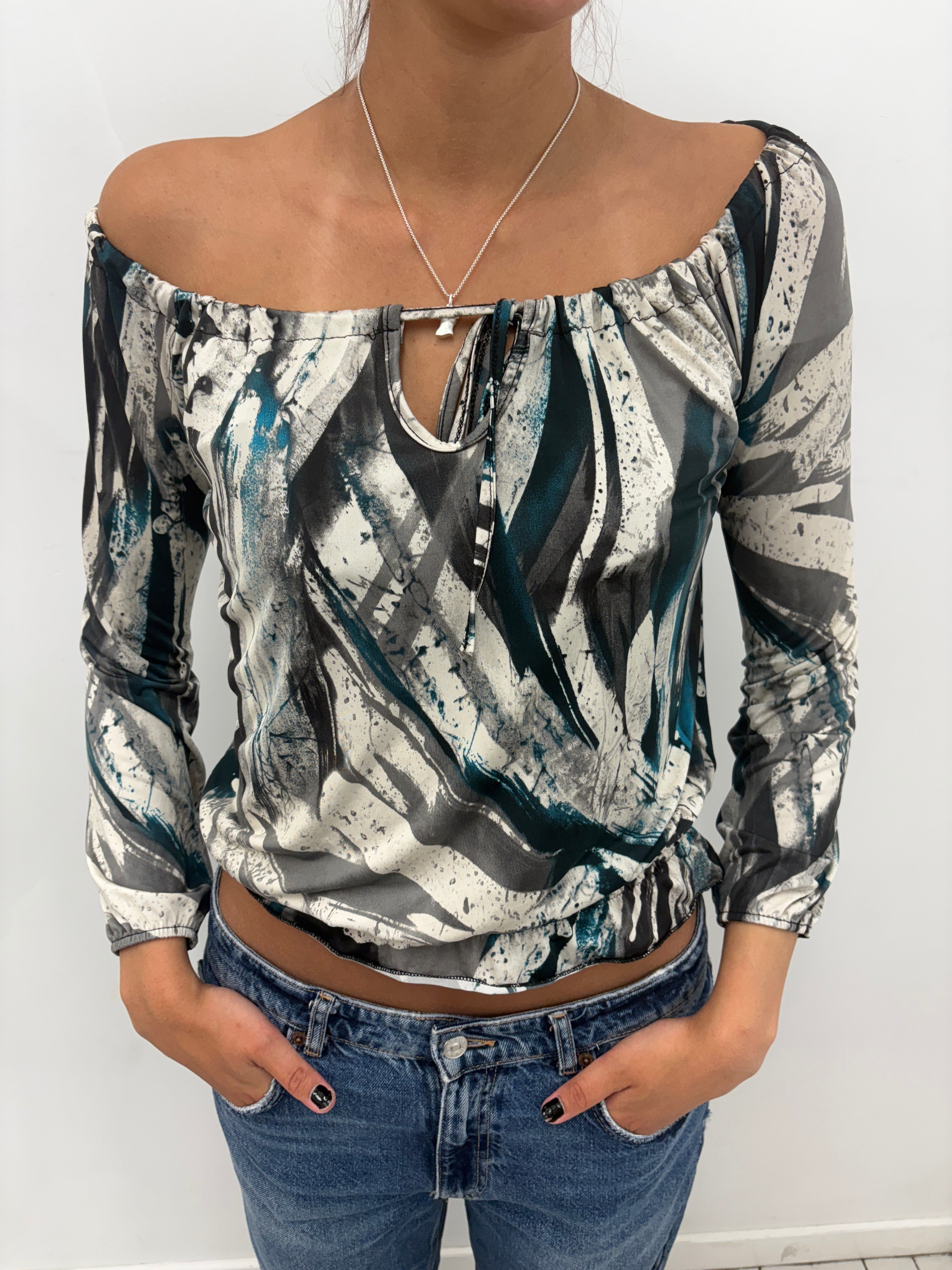 Abstract Brushstroke Off-Shoulder Top Long Sleeve