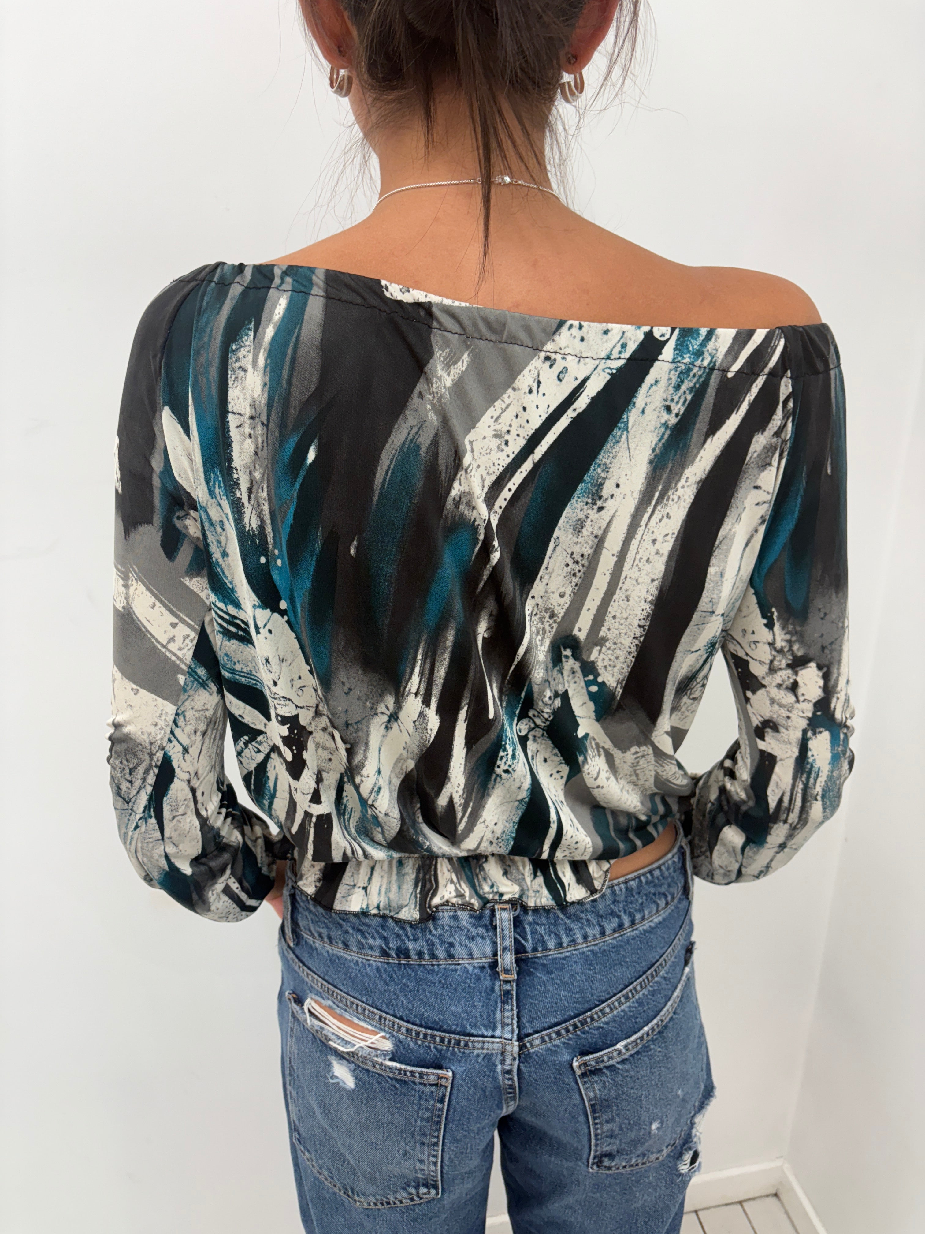 Abstract Brushstroke Off-Shoulder Top Long Sleeve