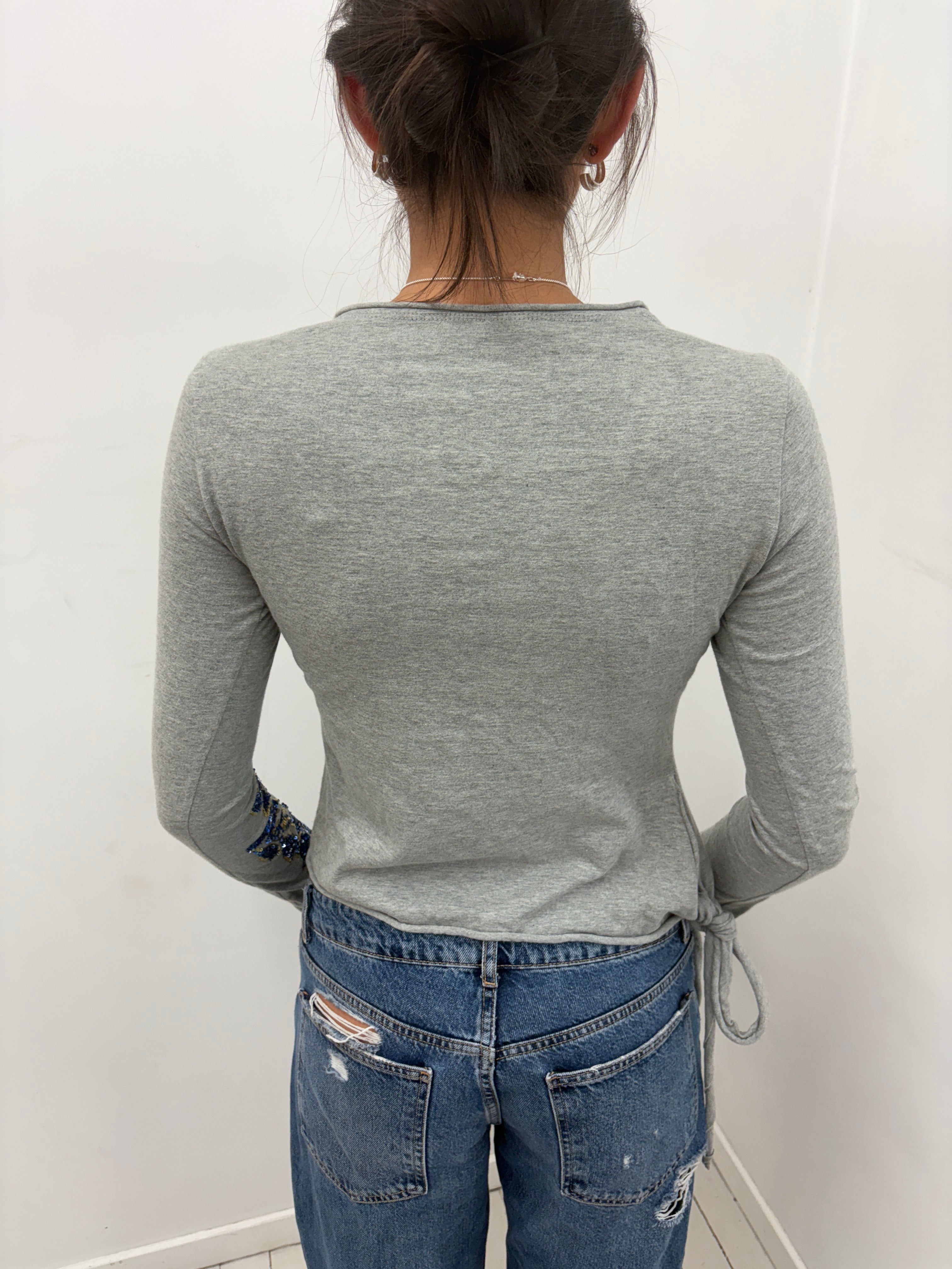 Grey Sequin Floral Henley Side Tie Top