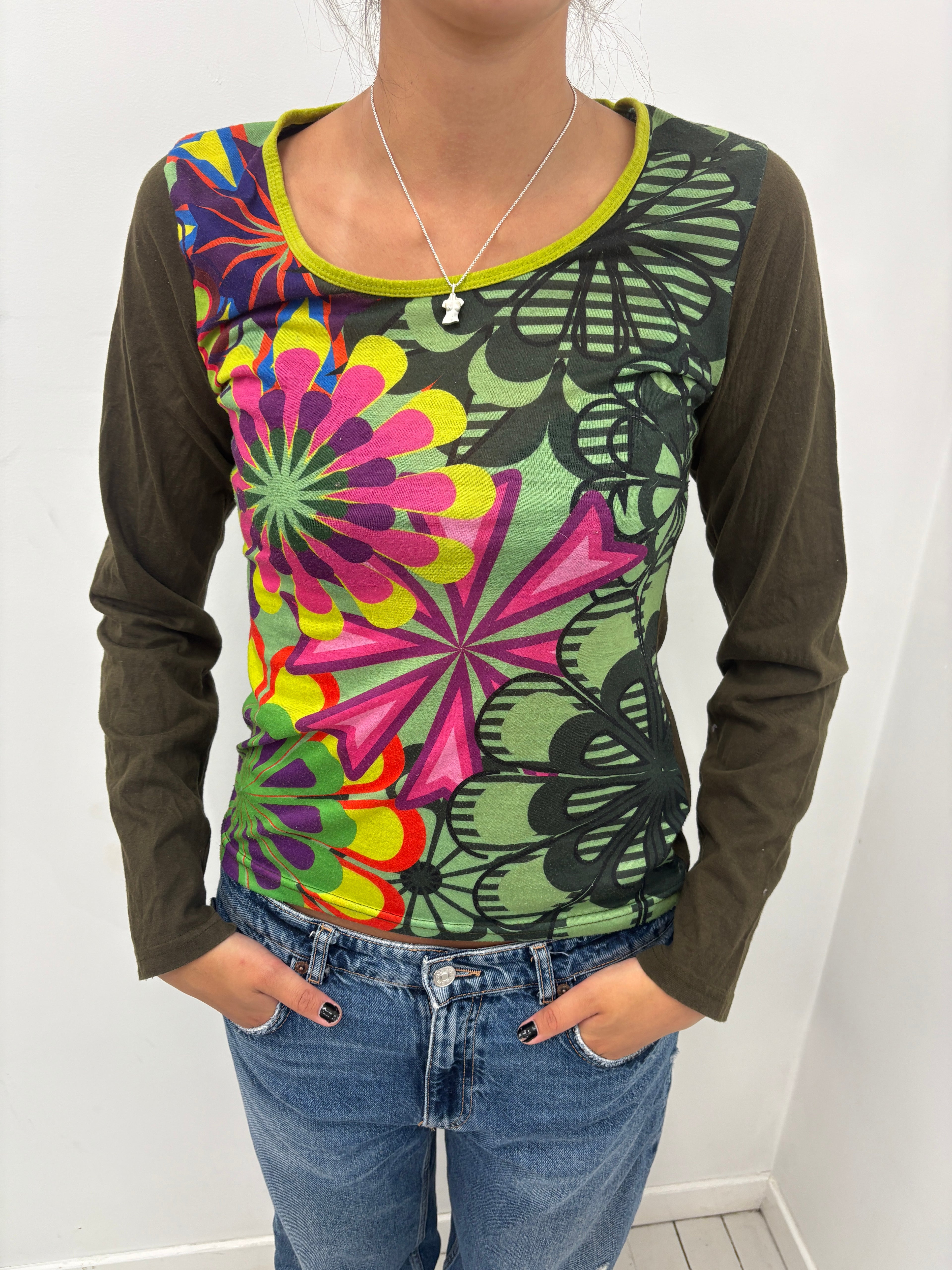 Green Psychedelic Floral Long Sleeve Top