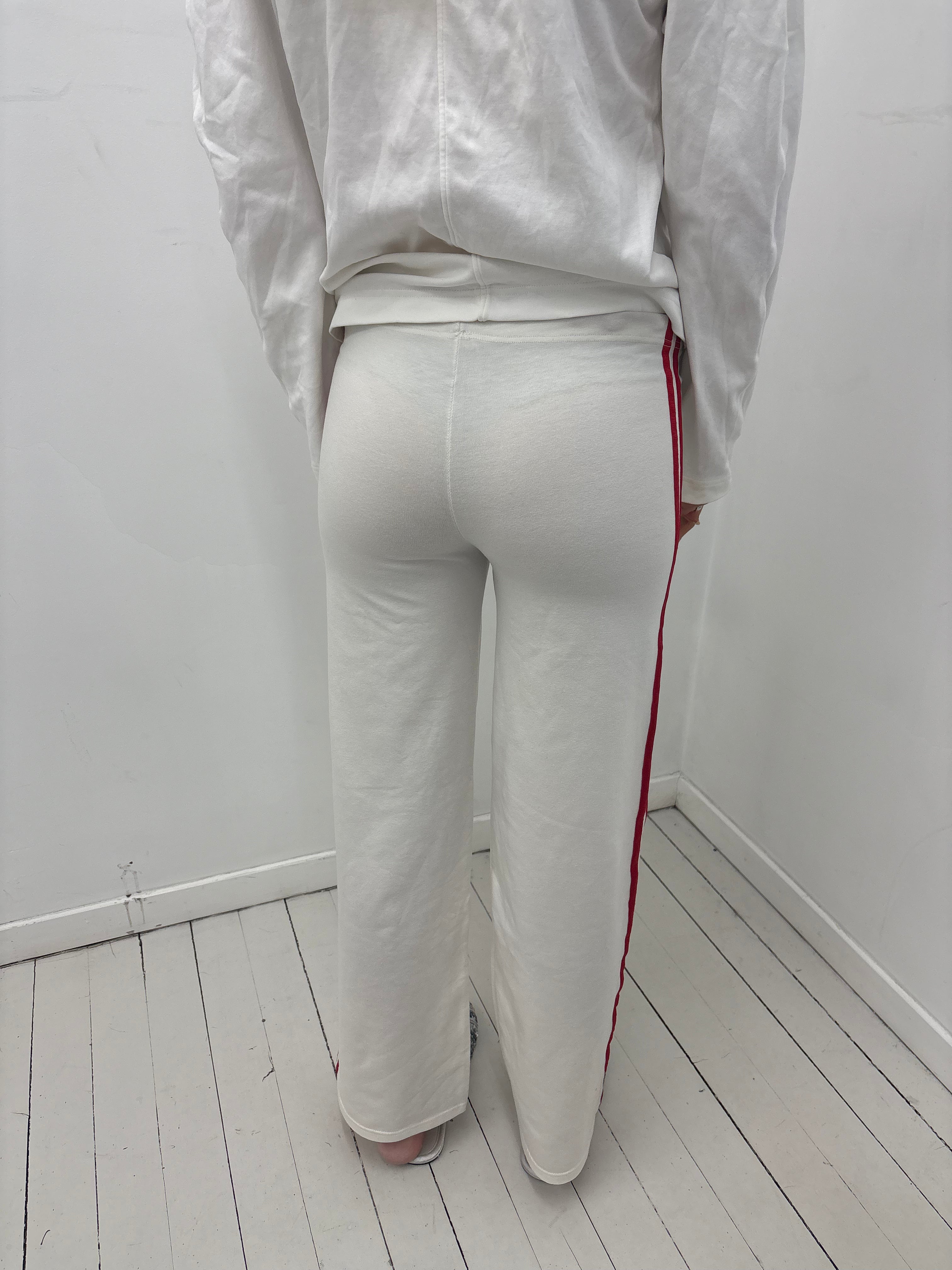 Y2K White Wide-Leg Track Pants with Red Side Stripe