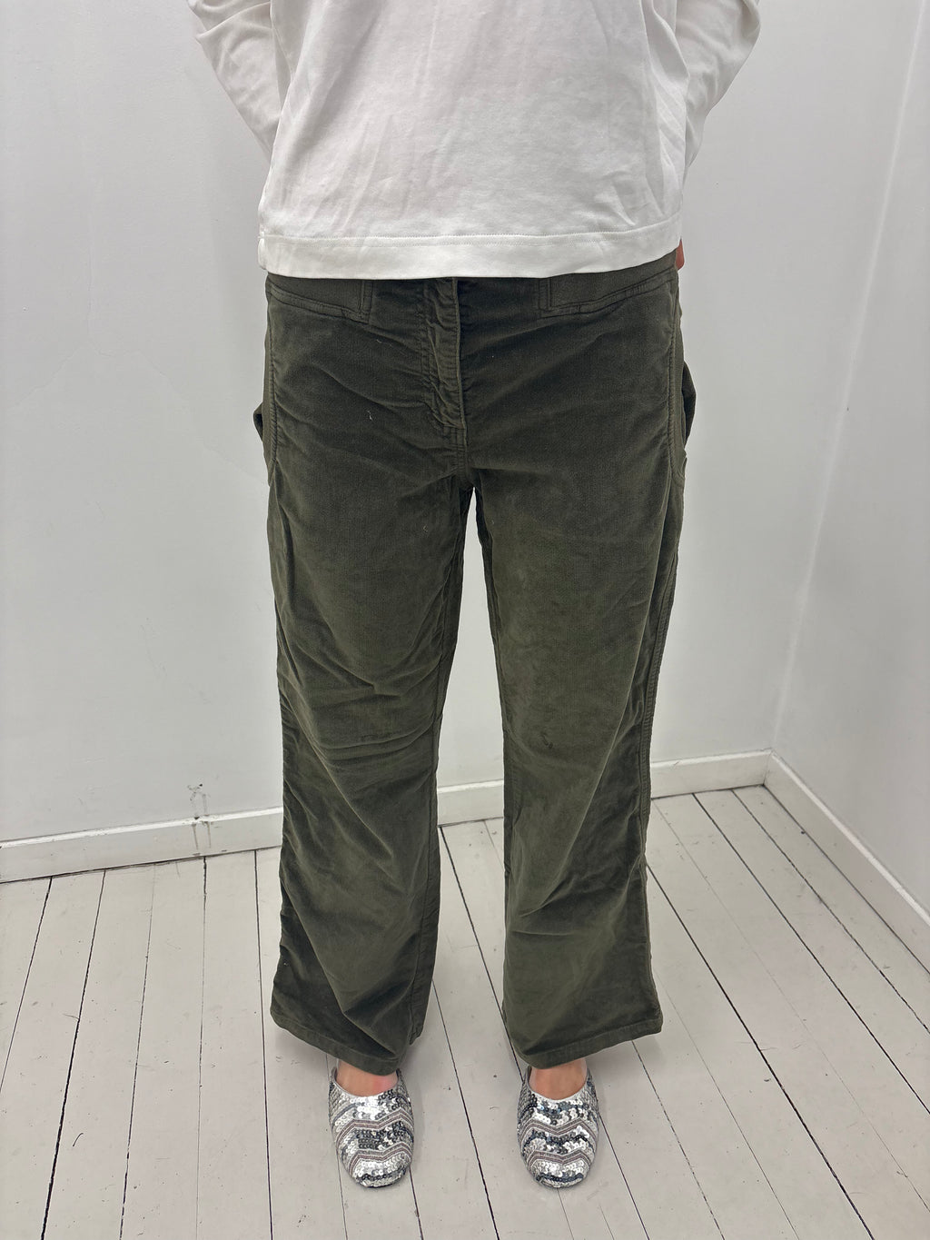 Y2K Olive Green Corduroy Low-Rise Flared Pants
