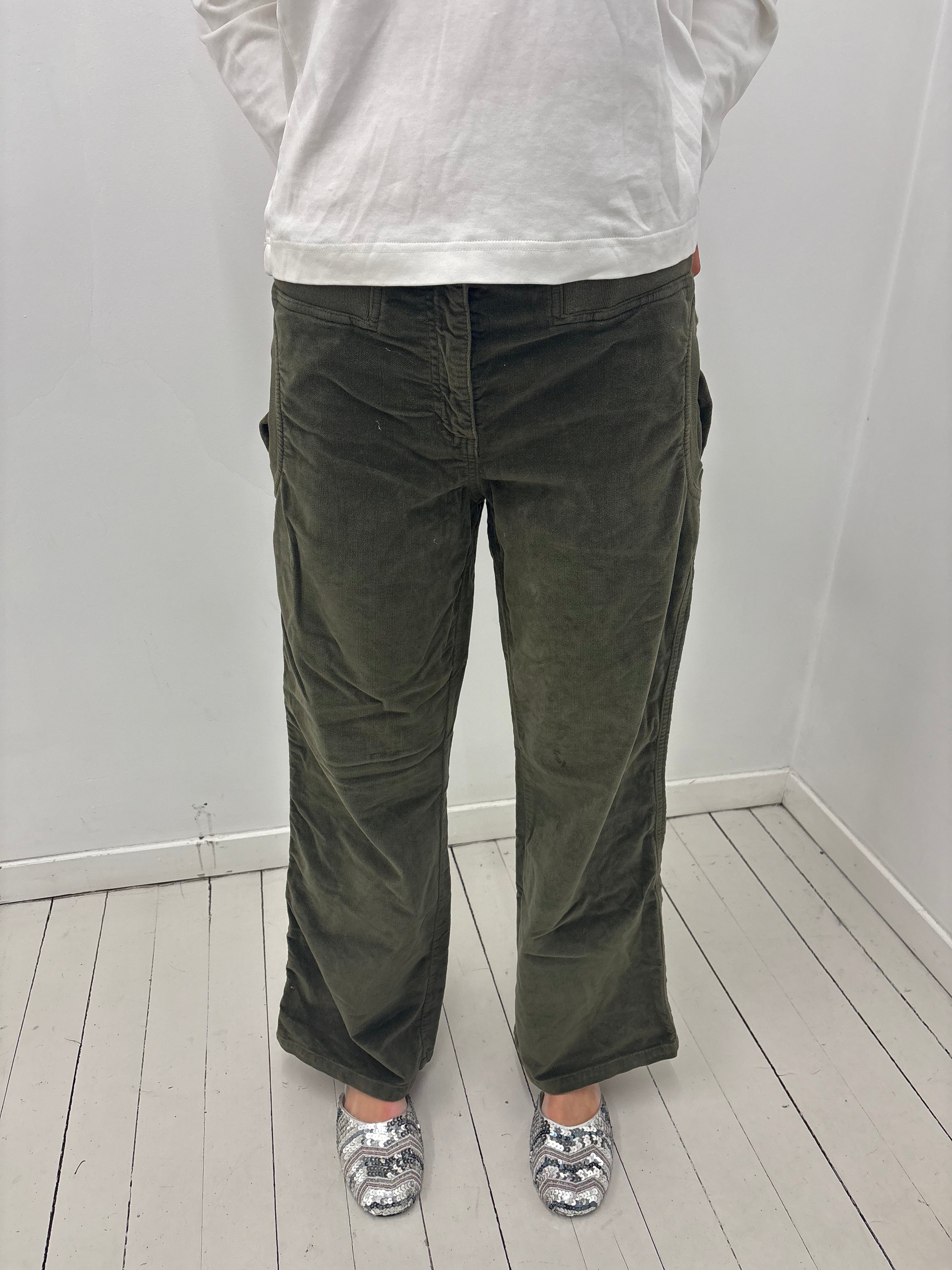 Y2K Olive Green Corduroy Low-Rise Flared Pants