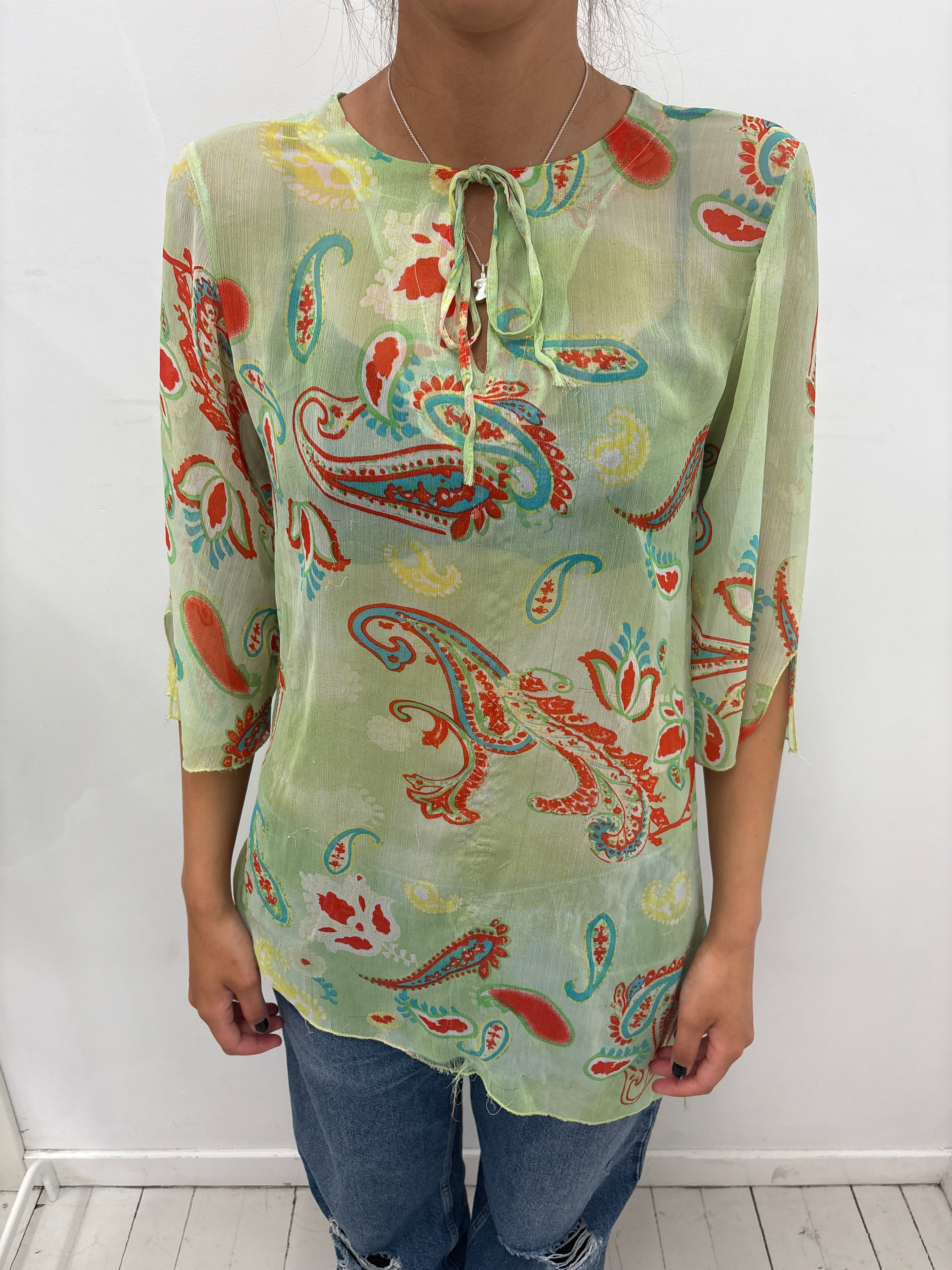 Green Paisley Sheer Tie-Neck Blouse