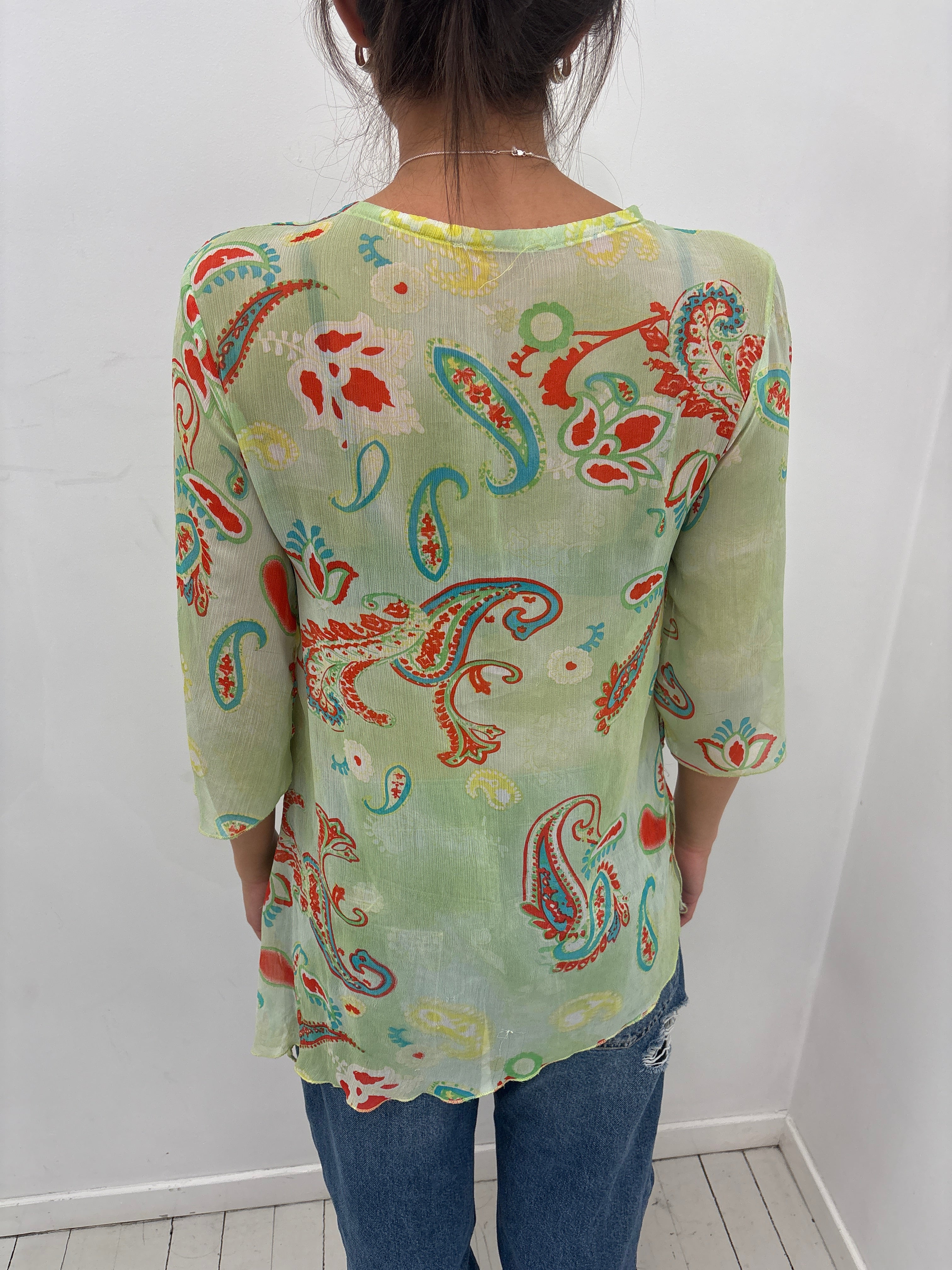 Green Paisley Sheer Tie-Neck Blouse