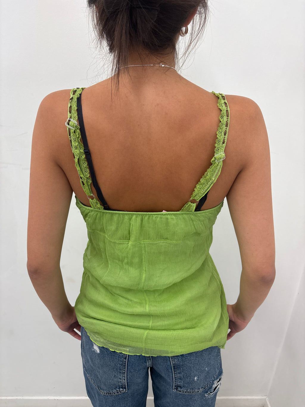 100% Silke Green Sequin Lace Trim Cami Top