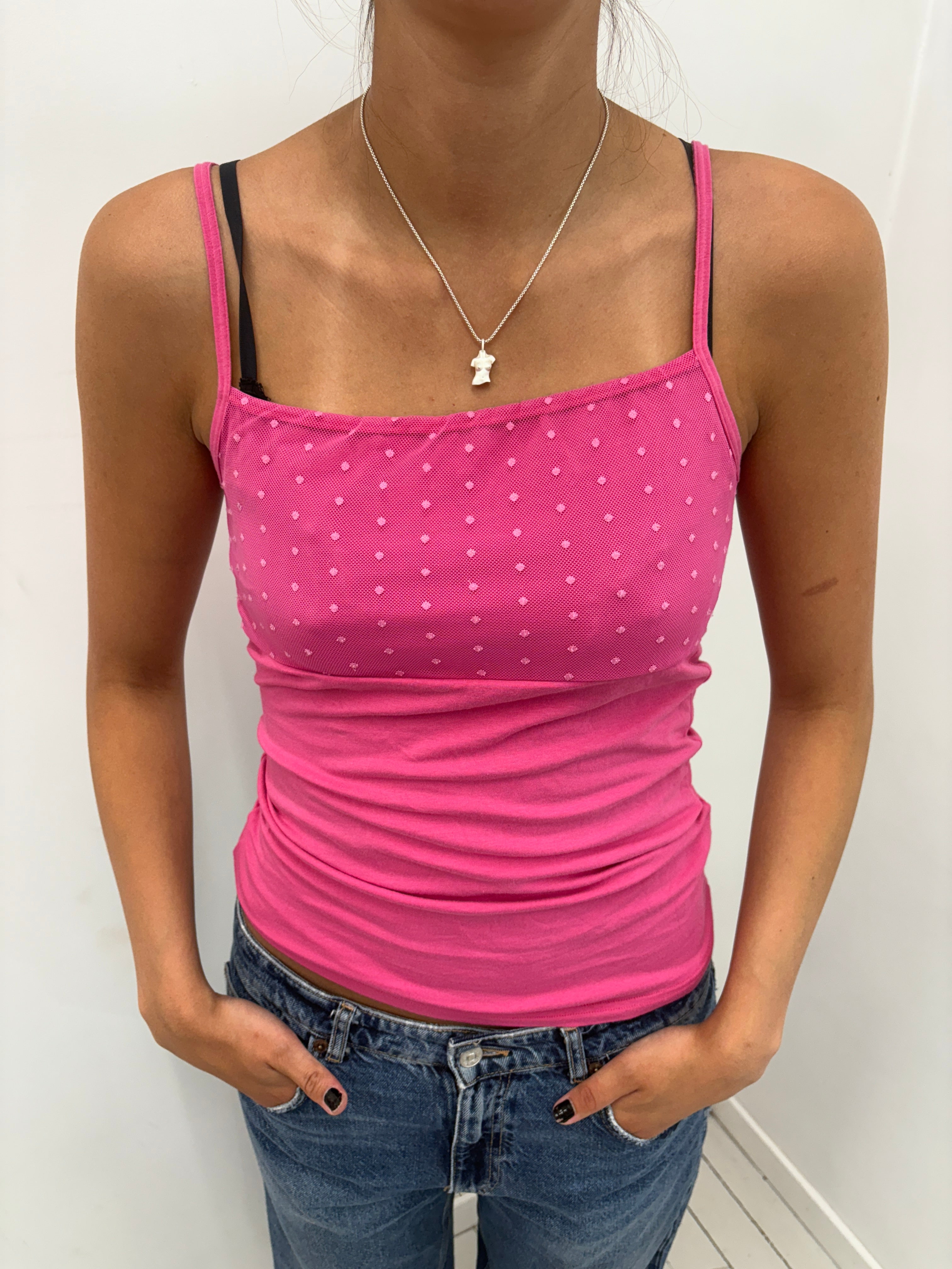 Pink Dotted Mesh Overlay Cami Top