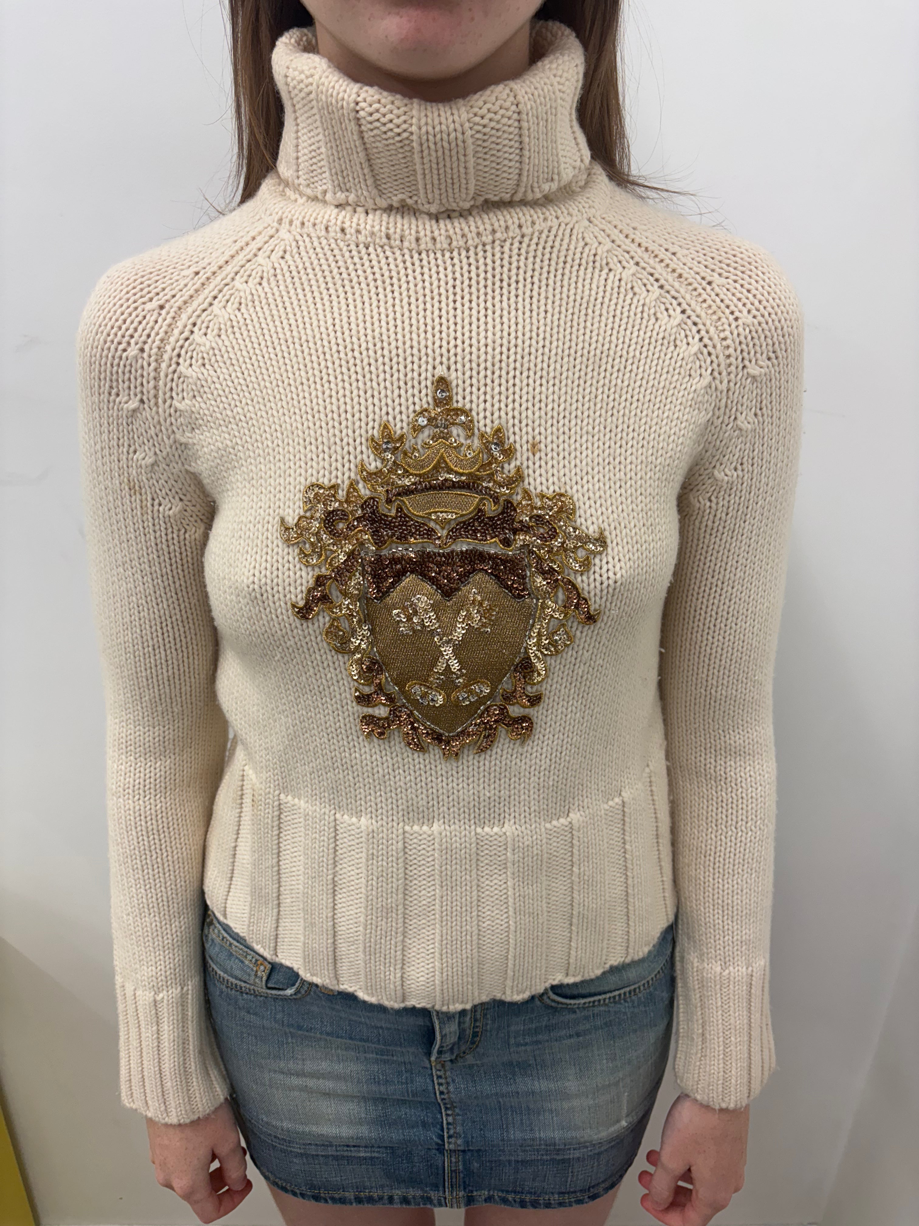 Cream Chunky Knit Turtleneck Gold Crest Emblem