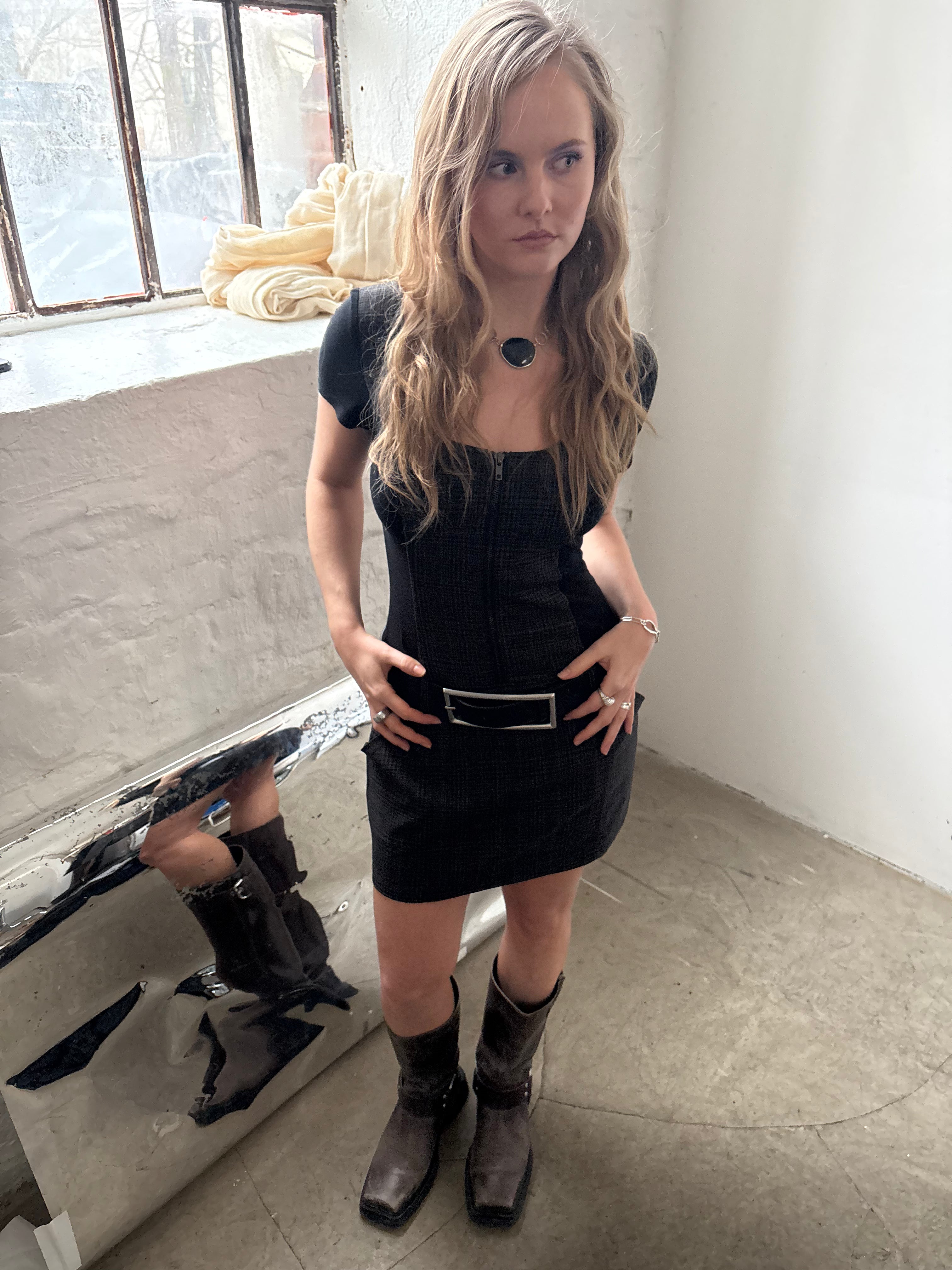 Grey Plaid Zip-Front Y2K Mini Dress