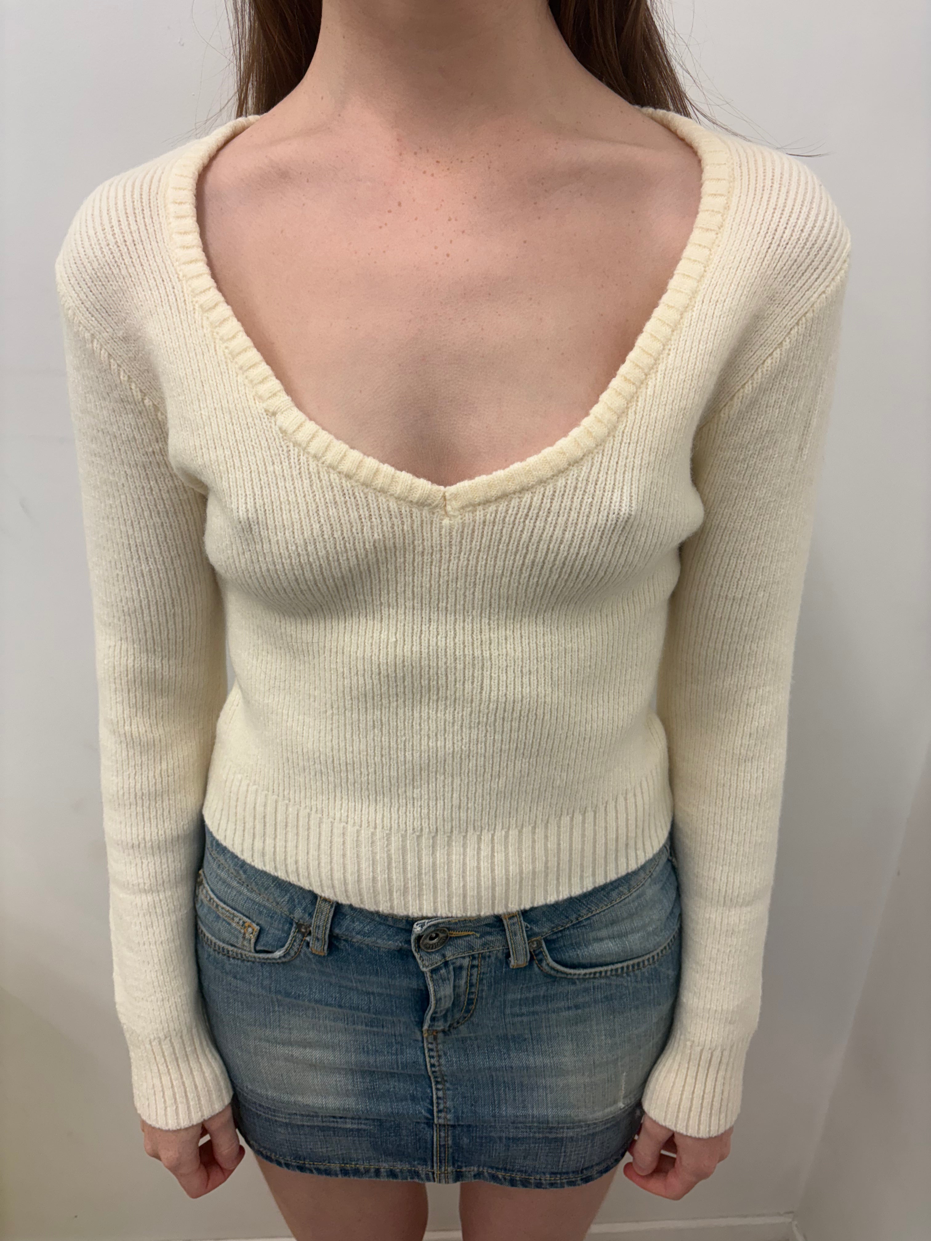 Cream Ribbed Deep V-Neck Fitted Knit Sweater