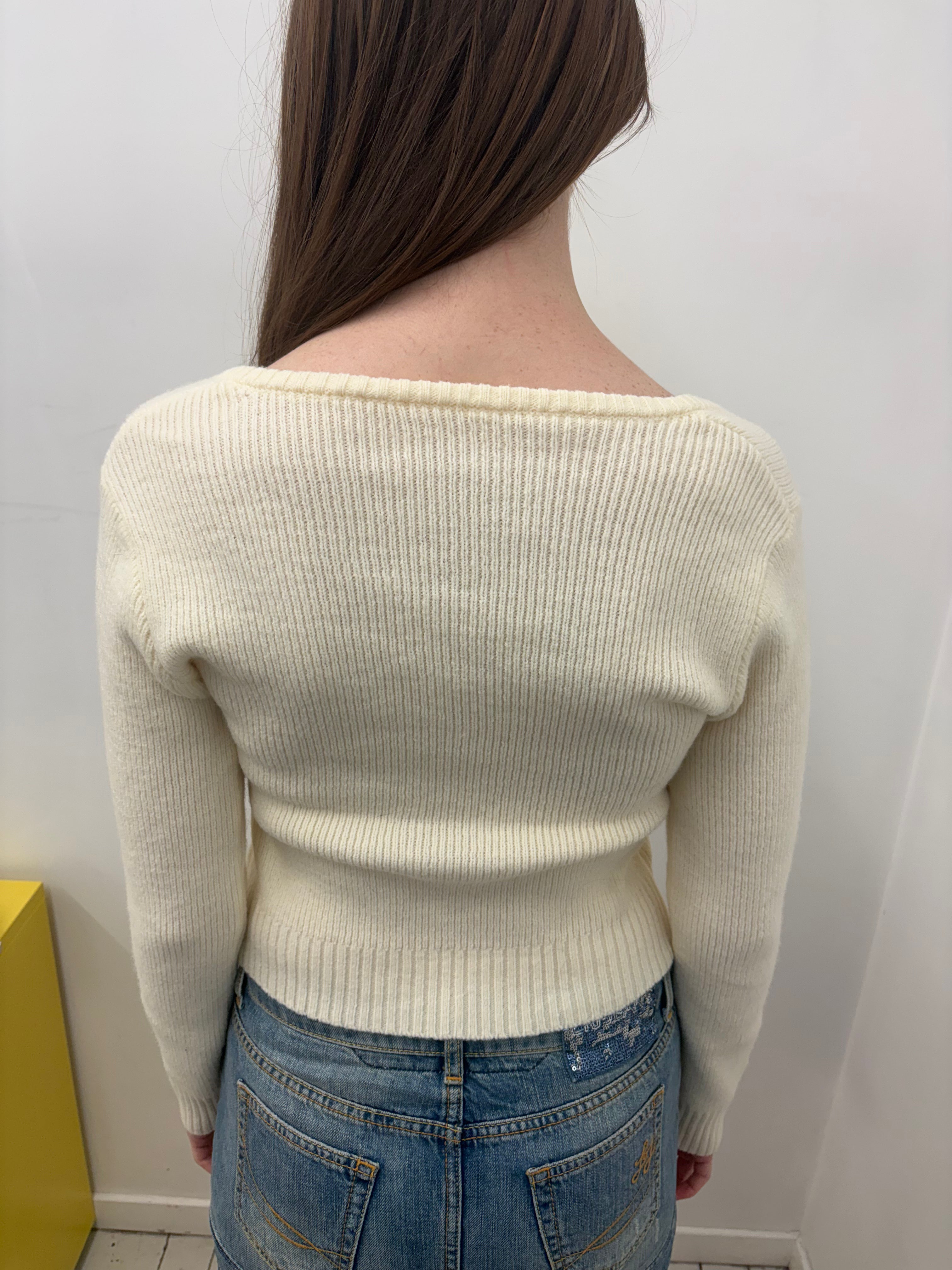 Cream Ribbed Deep V-Neck Fitted Knit Sweater