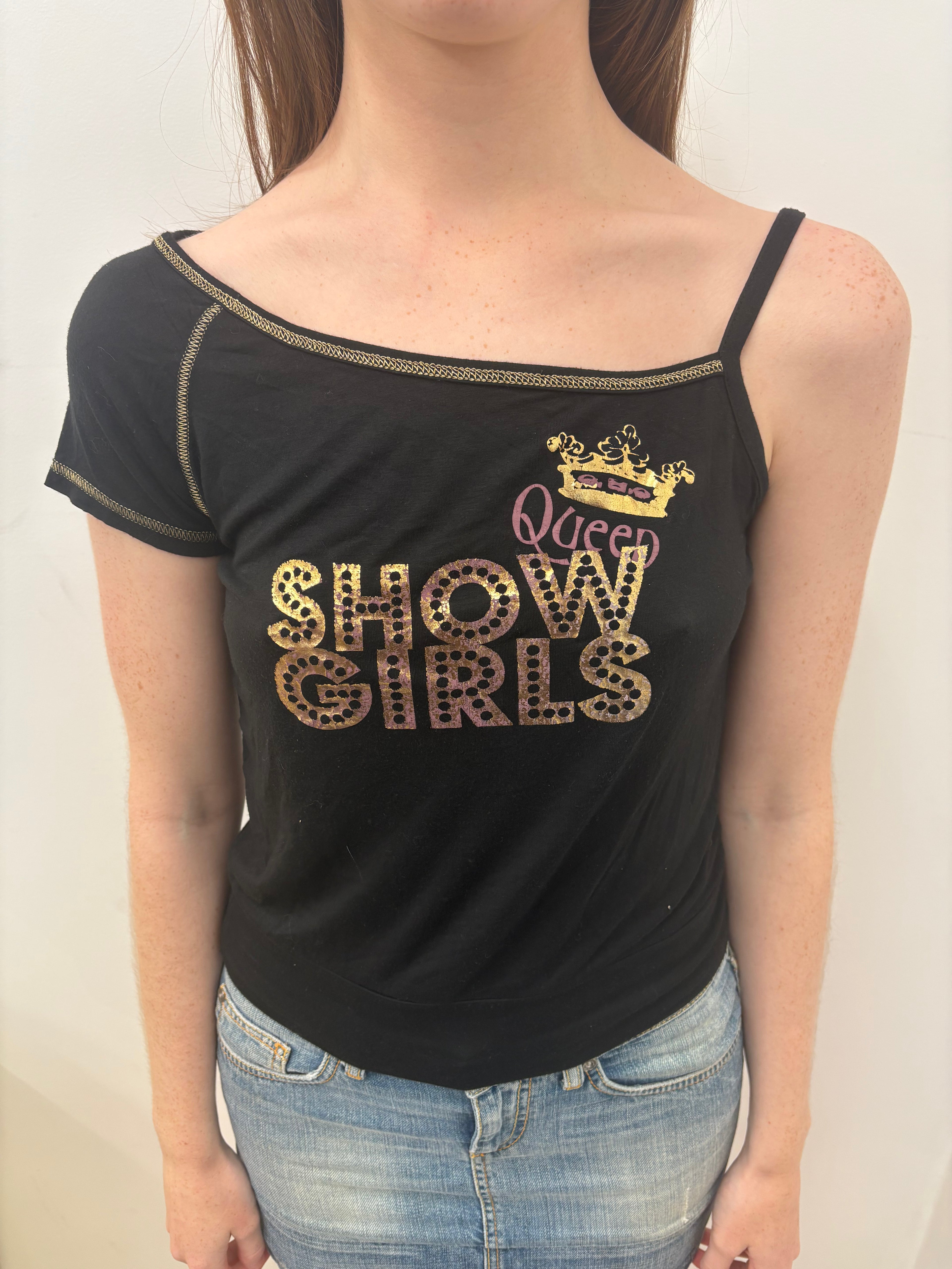Black Glitter Graphic Asymmetric Top Y2K Queen