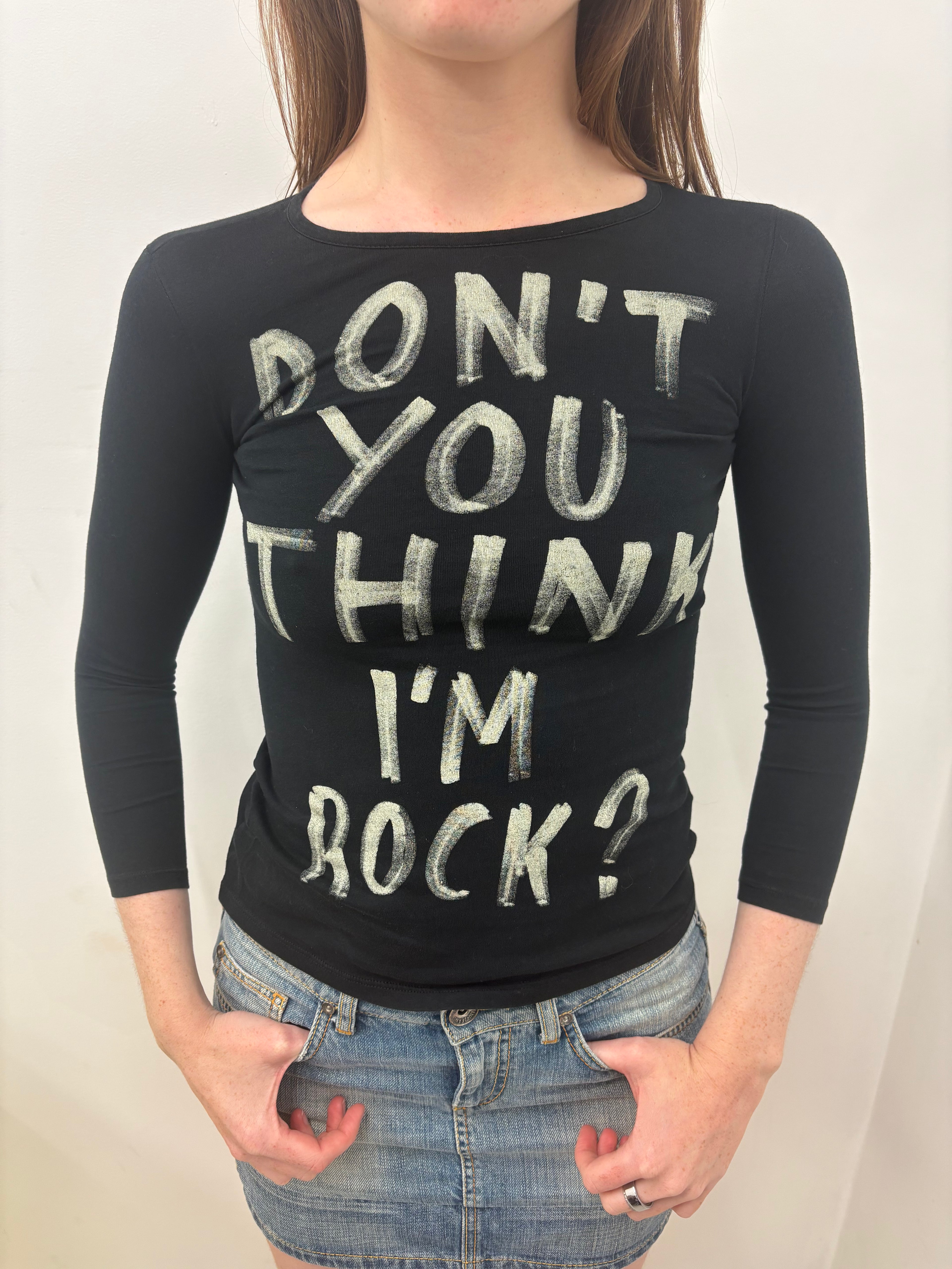 Black Fitted Slogan Long Sleeve Y2K Rock Top