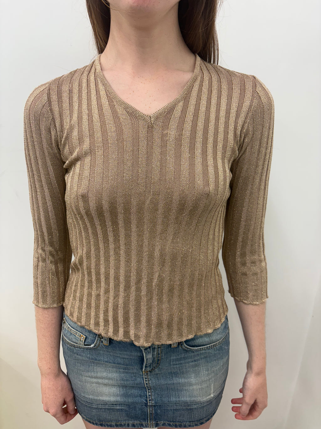 Gold Shimmer Ribbed V-Neck Cropped Knit Top
