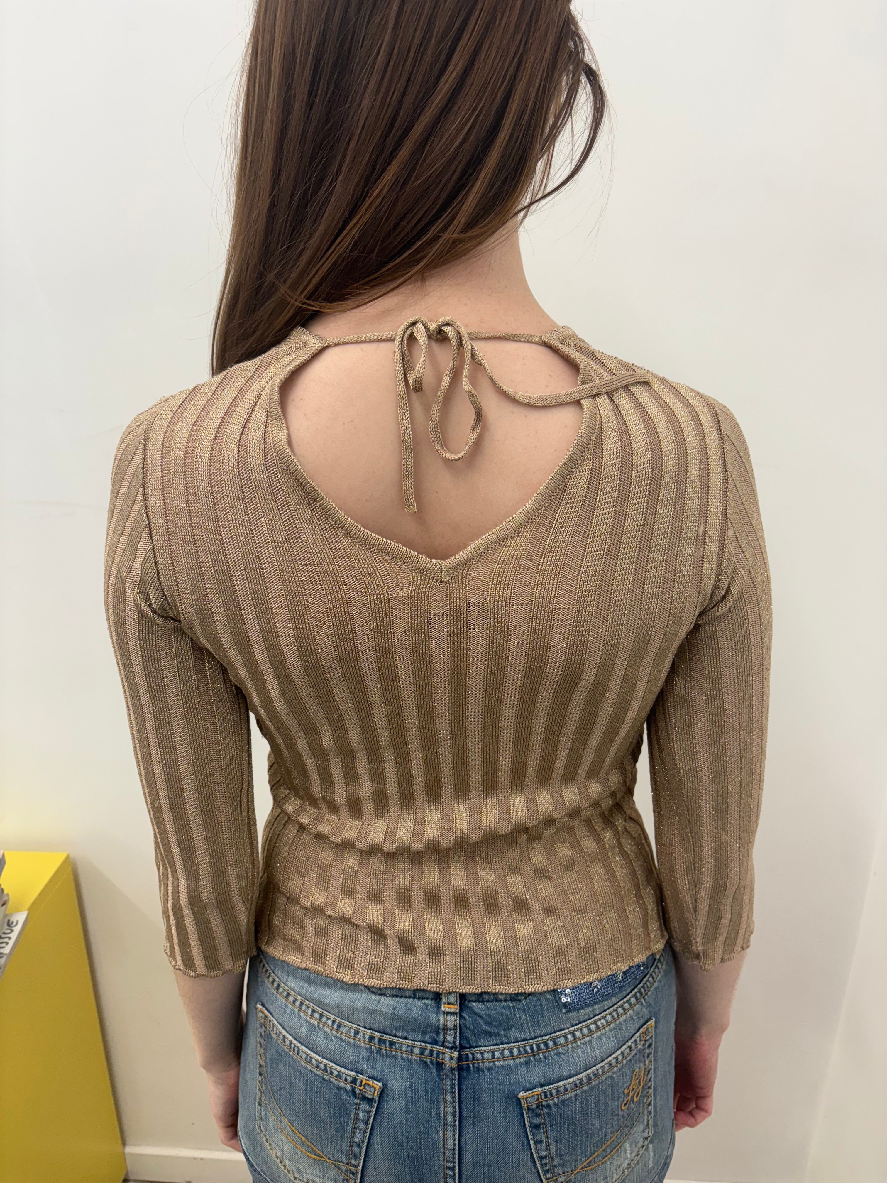 Gold Shimmer Ribbed V-Neck Cropped Knit Top