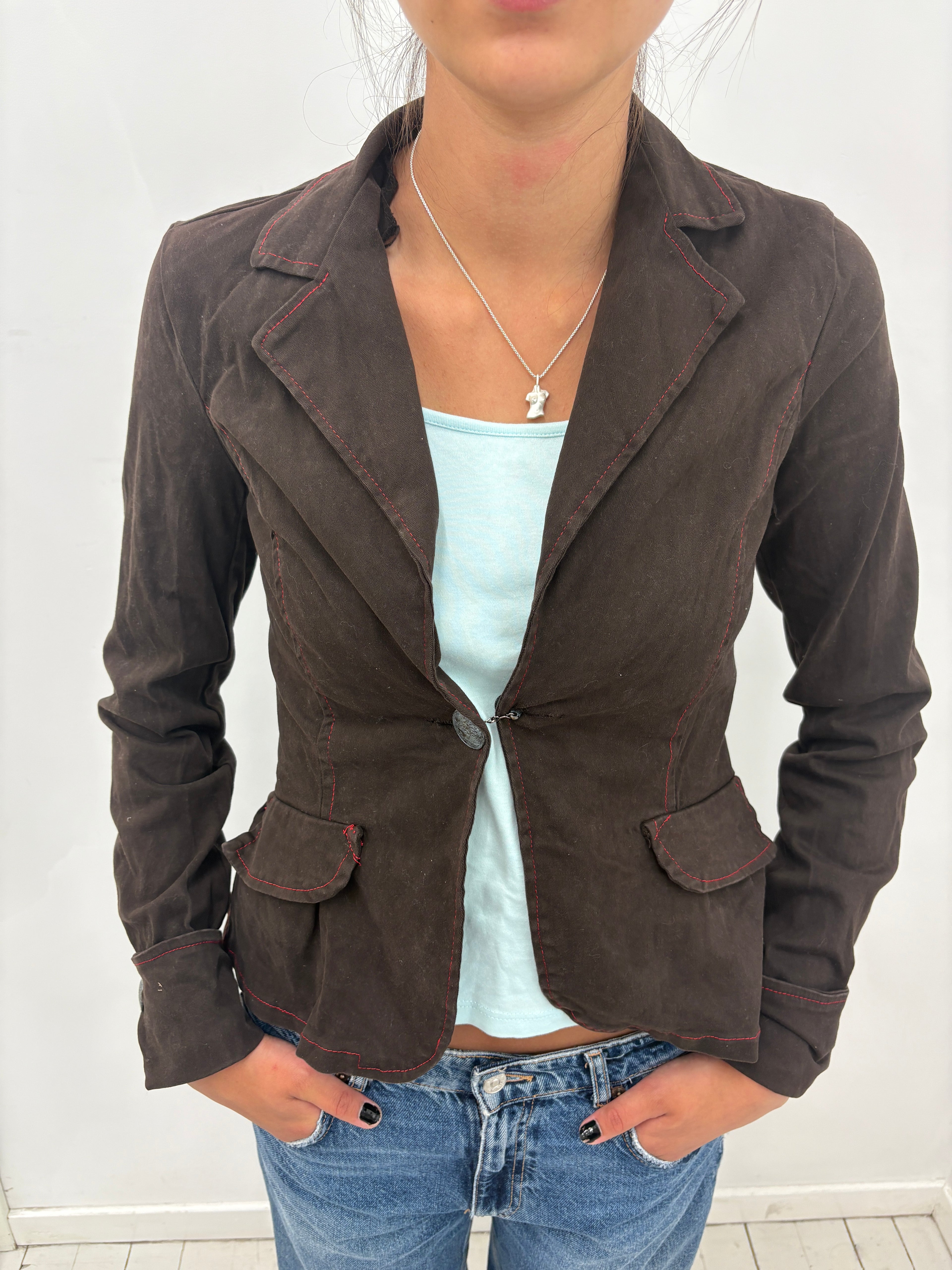 Brown Peplum Blazer Red Contrast Stitching