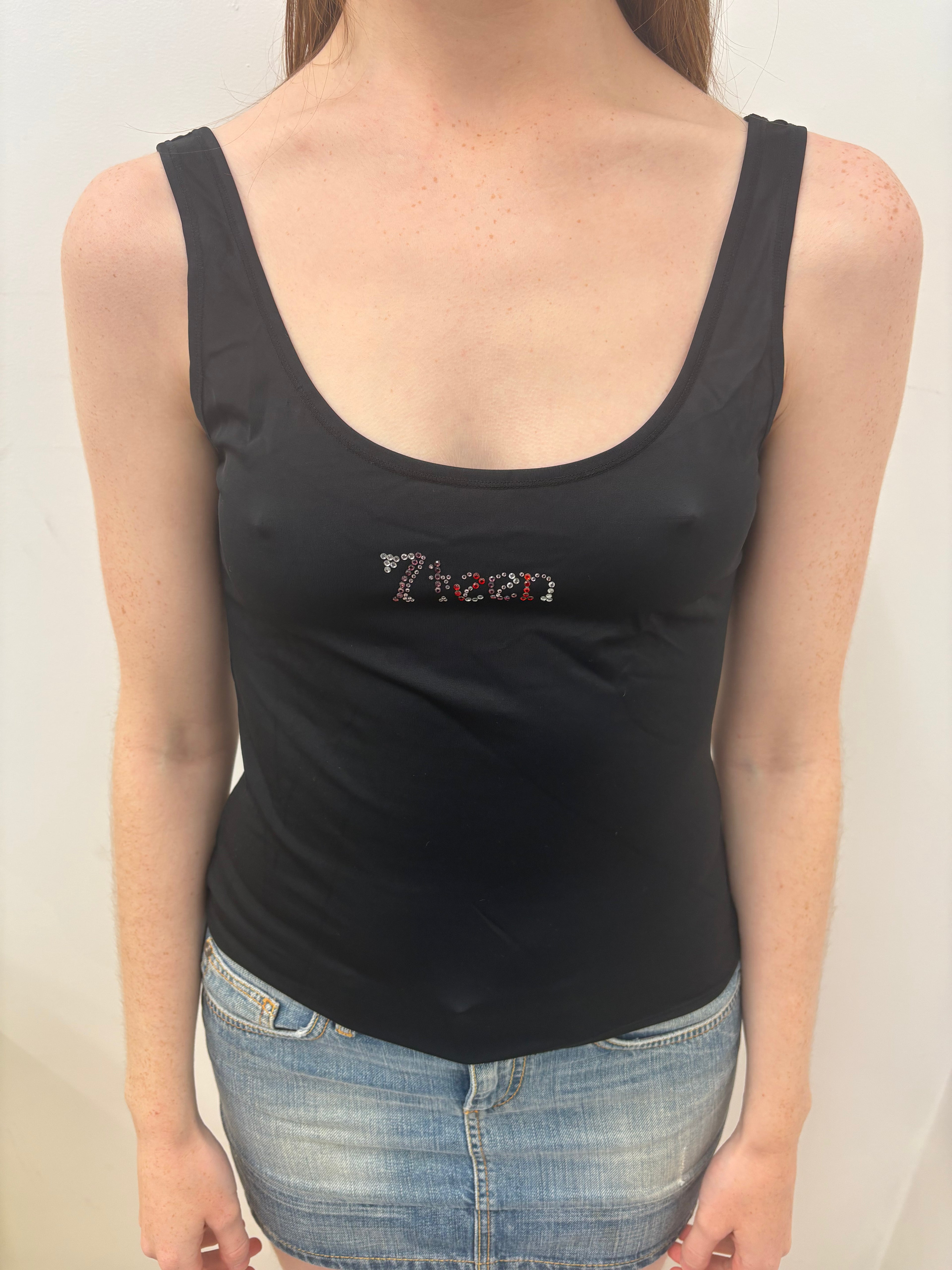 Black Sleek Tank Top Rhinestone Script Detail