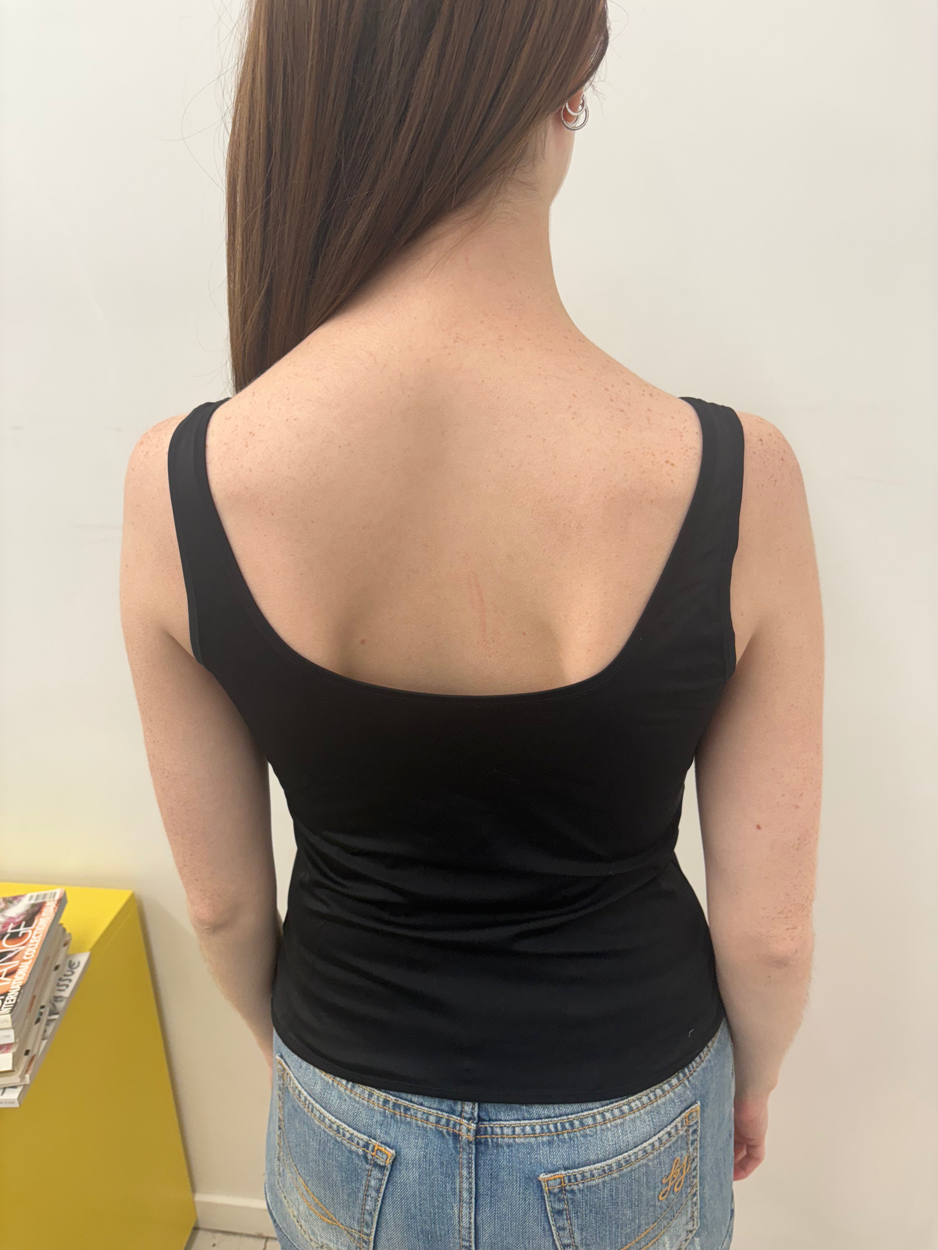 Black Sleek Tank Top Rhinestone Script Detail