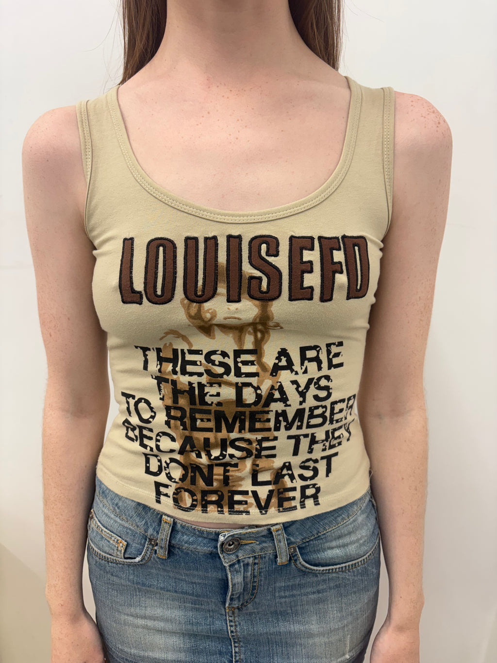 Vintage Khaki Slogan Graphic Tank Top Y2K