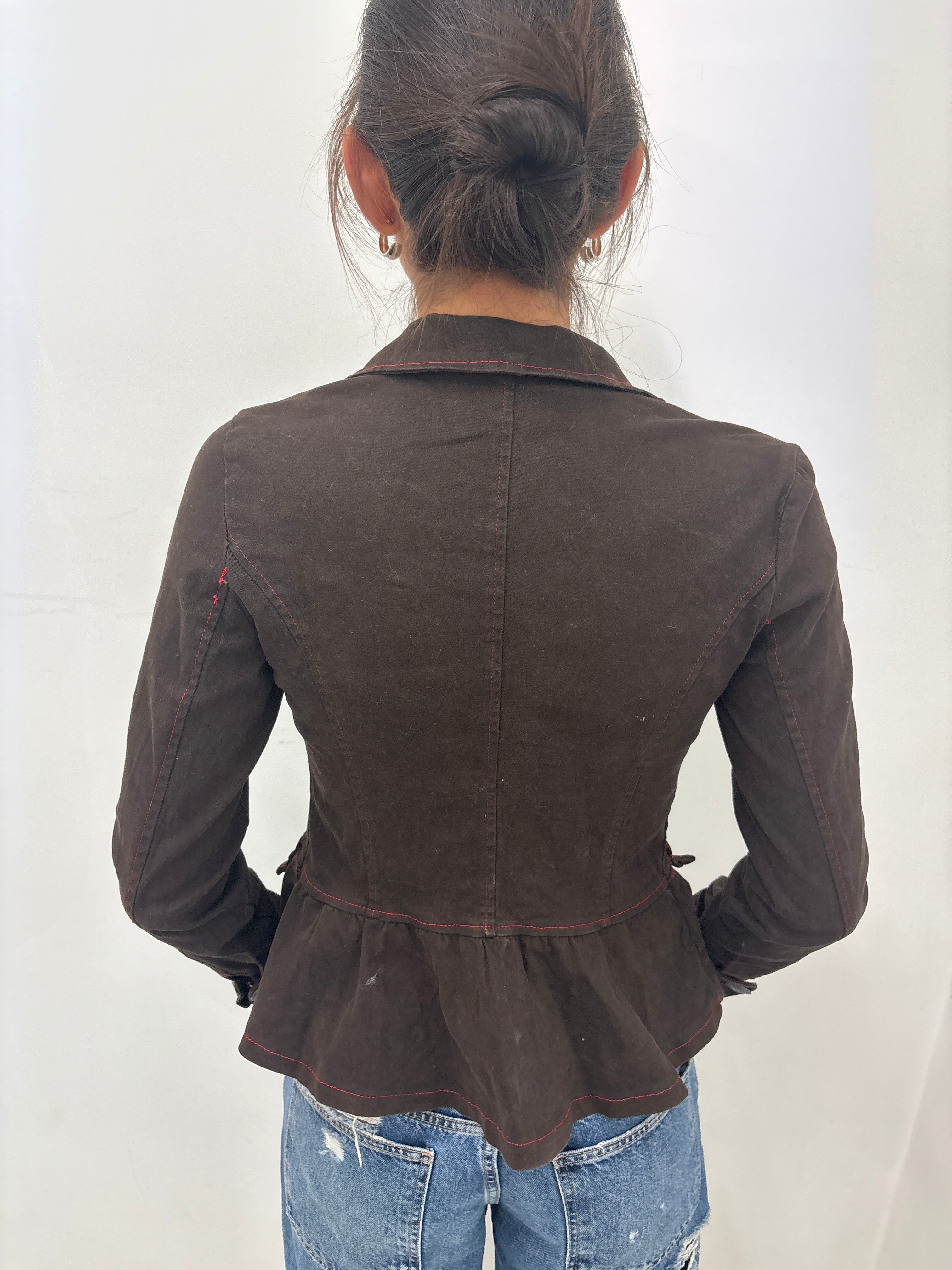 Brown Peplum Blazer Red Contrast Stitching