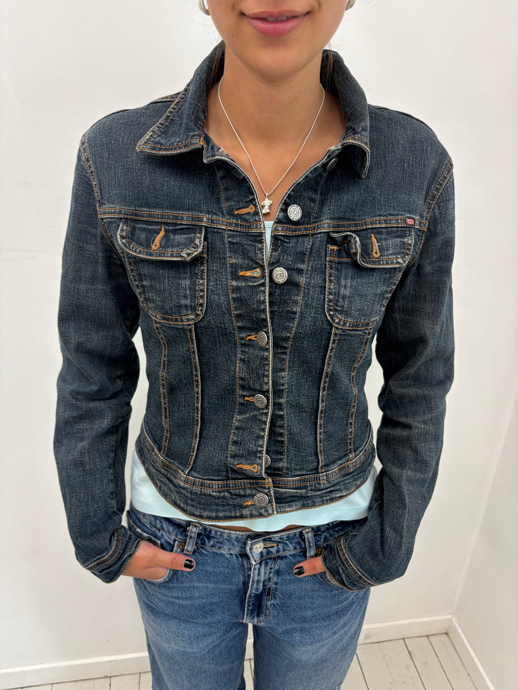 Dark Wash Denim Jacket Contrast Stitching
