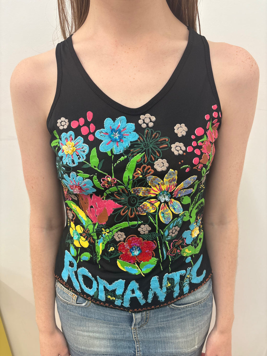 Black Embroidered Floral Mesh Tank Romantic Y2K
