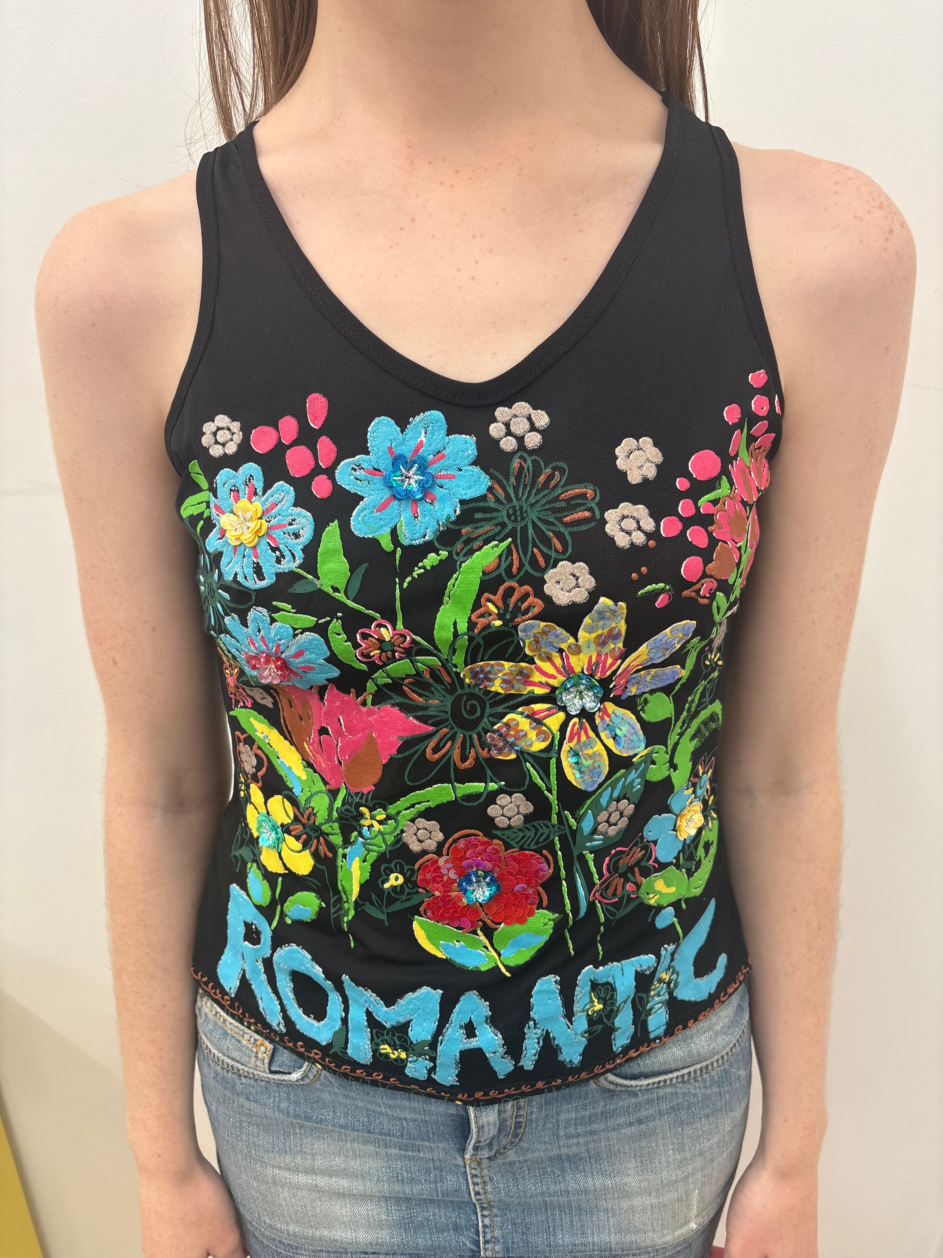 Black Embroidered Floral Mesh Tank Romantic Y2K