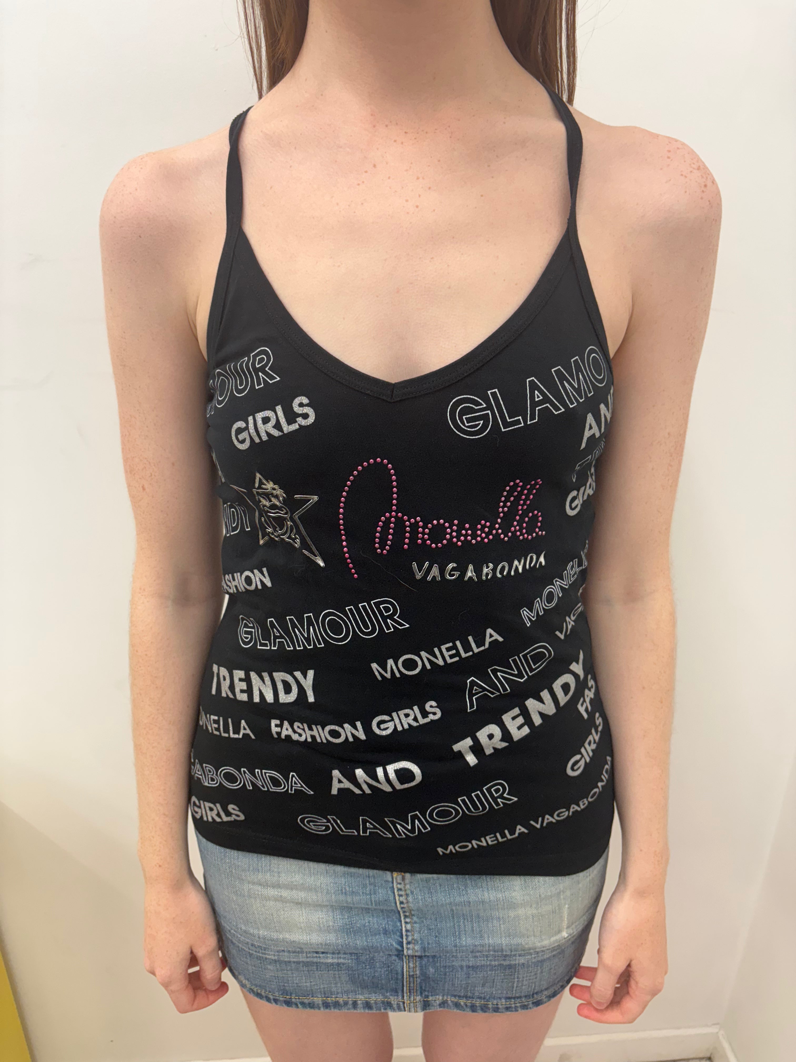 Black Halter Tank Allover Slogan Rhinestone Print