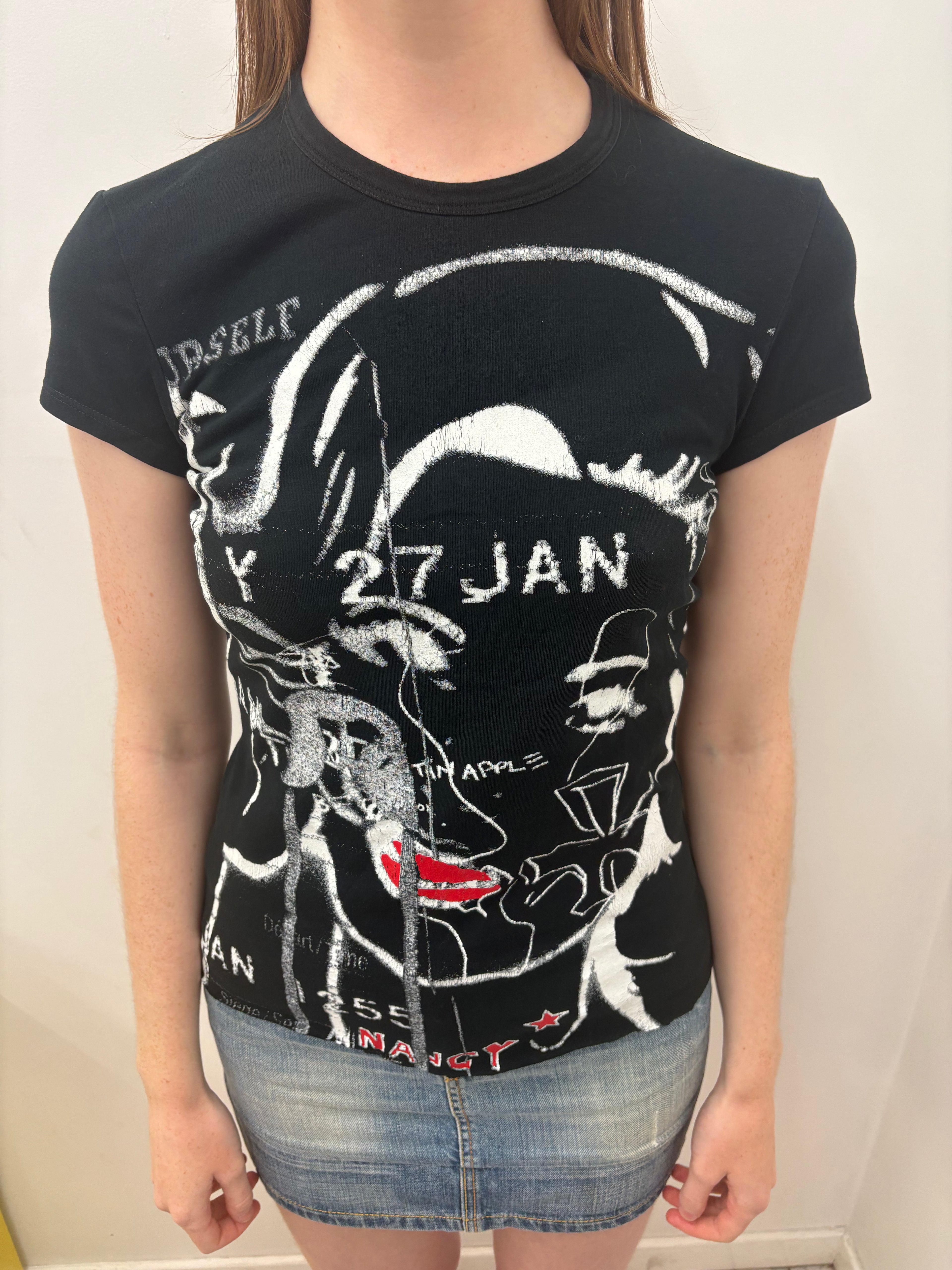Black Fitted Art Print Baby Tee Y2K Grunge