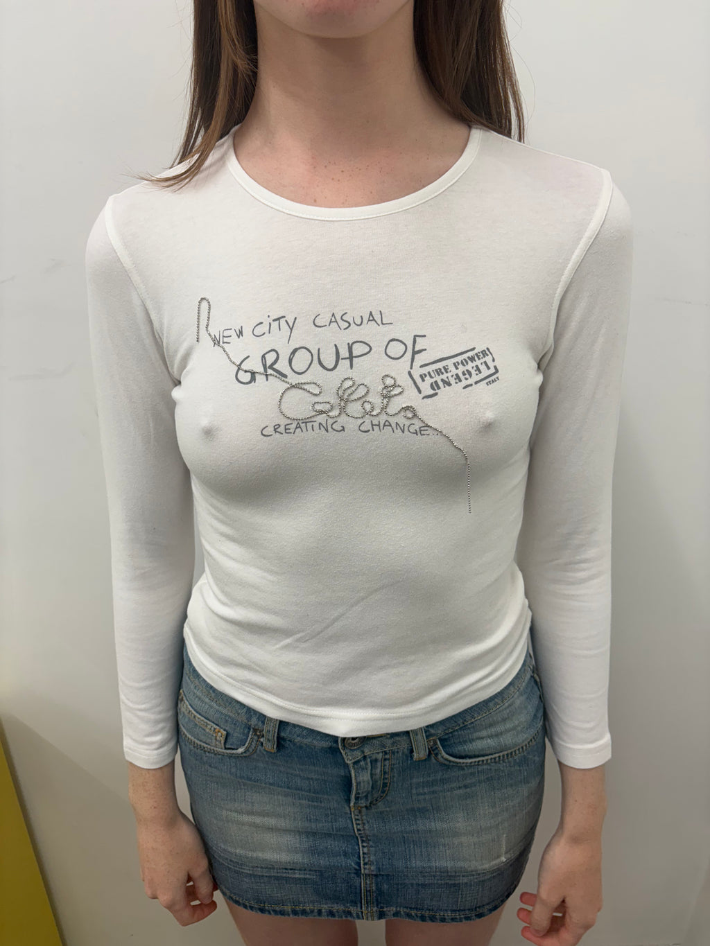 White Sheer Slogan Chain Detail Fitted Long Sleeve
