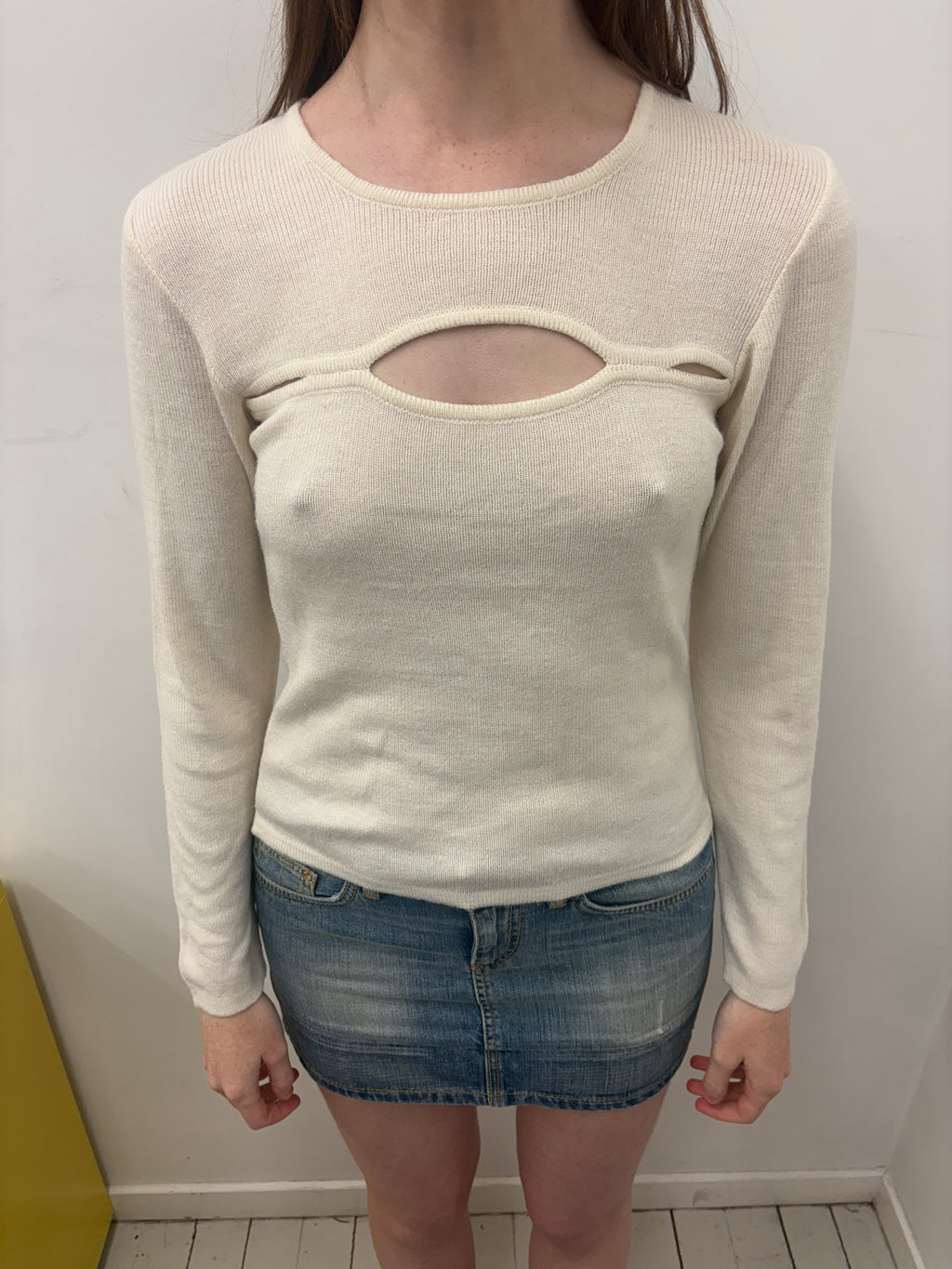 Cream Ribbed Knit Cut-Out Chest Long Sleeve Top