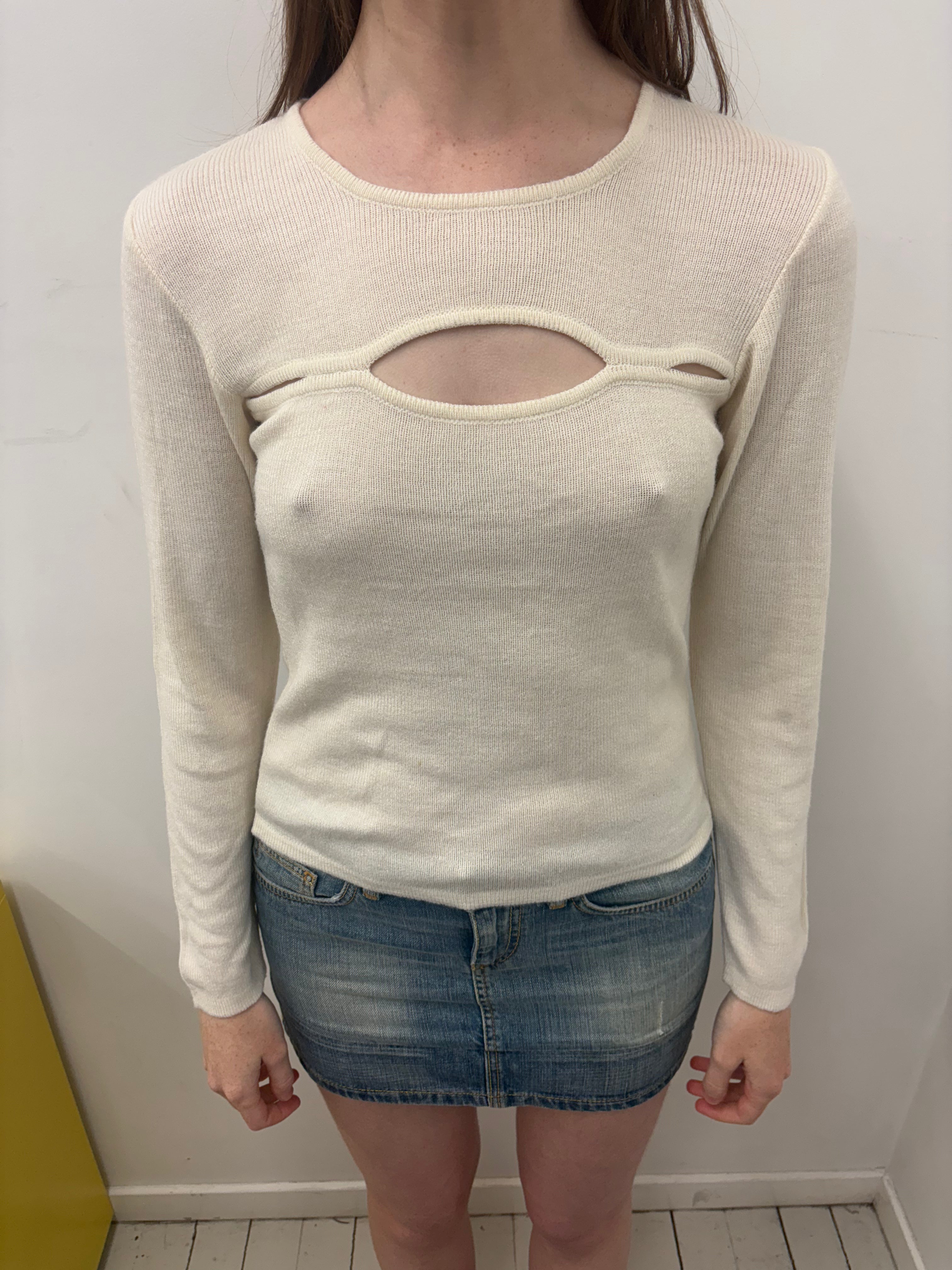 Cream Ribbed Knit Cut-Out Chest Long Sleeve Top