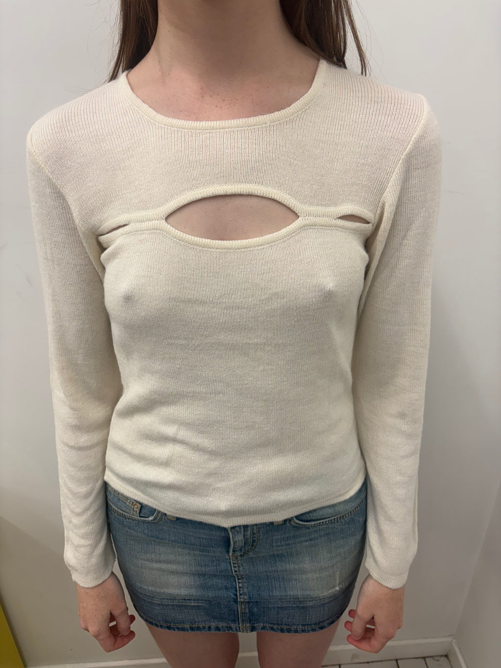 Cream Ribbed Knit Cut-Out Chest Long Sleeve Top