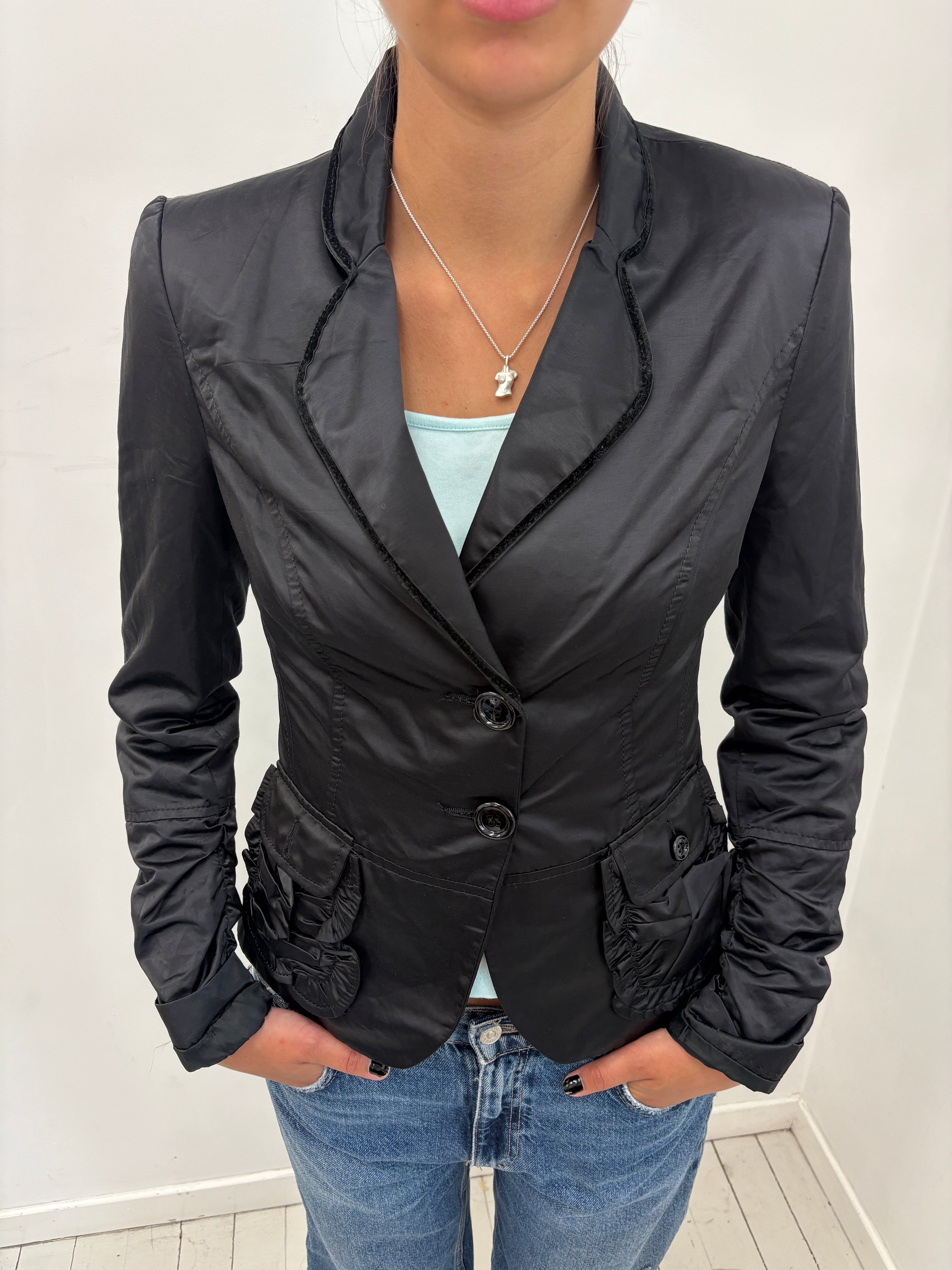 Black Satin Blazer Ruffle Pocket Detail