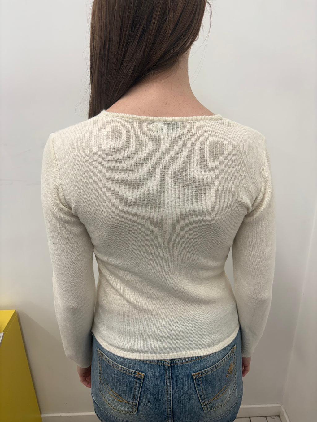 Cream Ribbed Knit Cut-Out Chest Long Sleeve Top